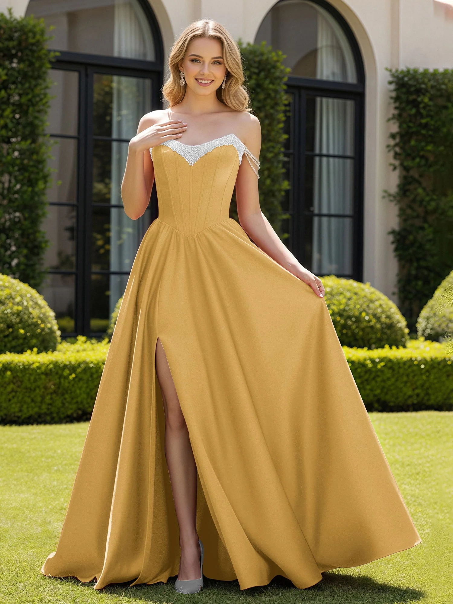 Perlen Schulterfrei A-Linie Schleppe Schlitz Kleid Gold