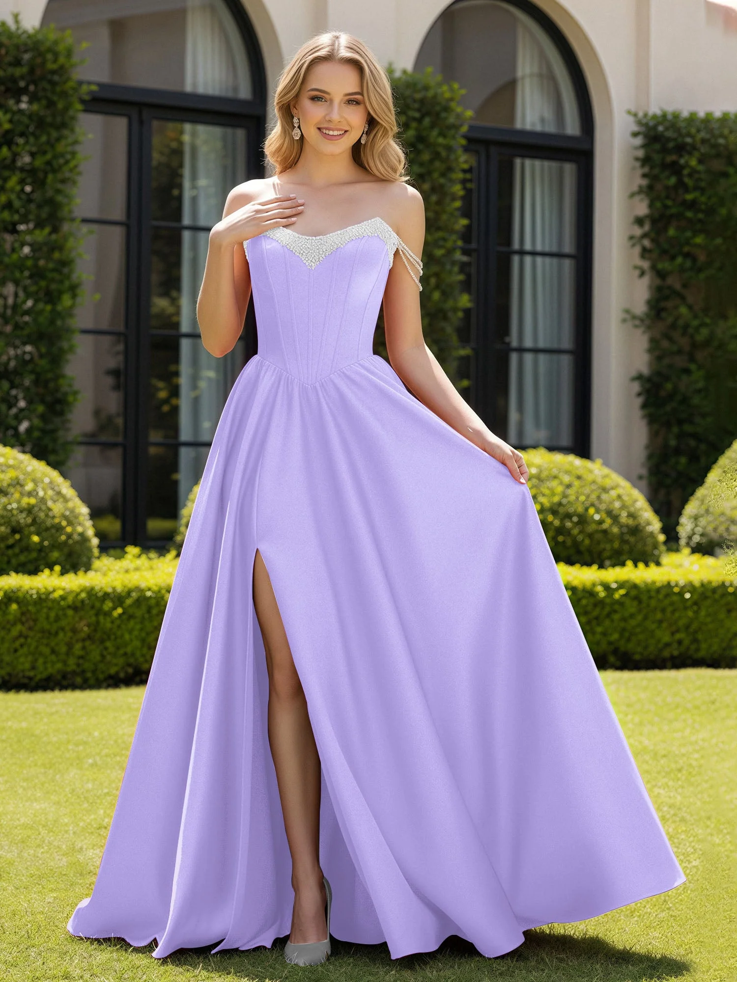 Perlen Schulterfrei A-Linie Schleppe Schlitz Kleid Lila