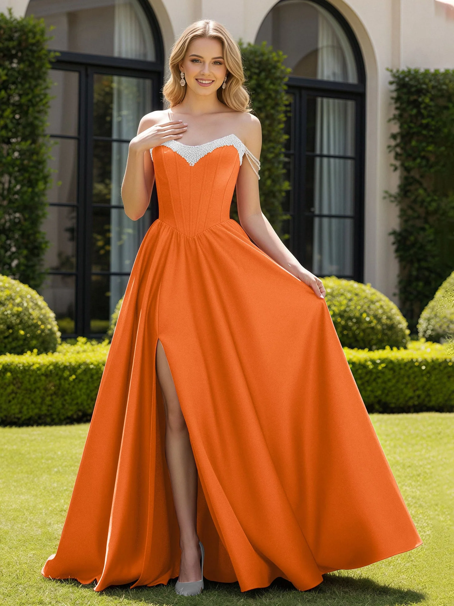 Perlen Schulterfrei A-Linie Schleppe Schlitz Kleid Orange