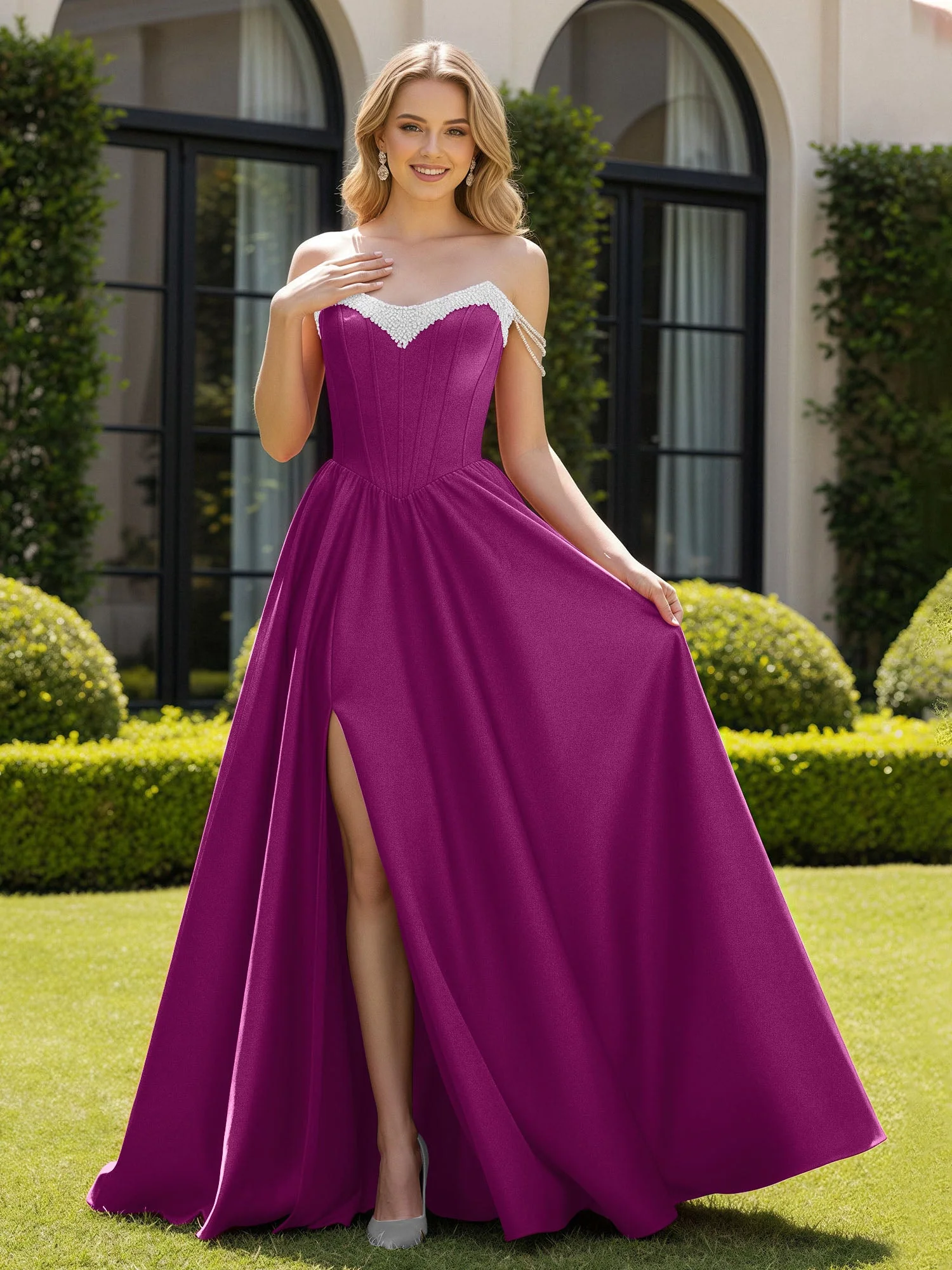 Perlen Schulterfrei A-Linie Schleppe Schlitz Kleid Orchidee