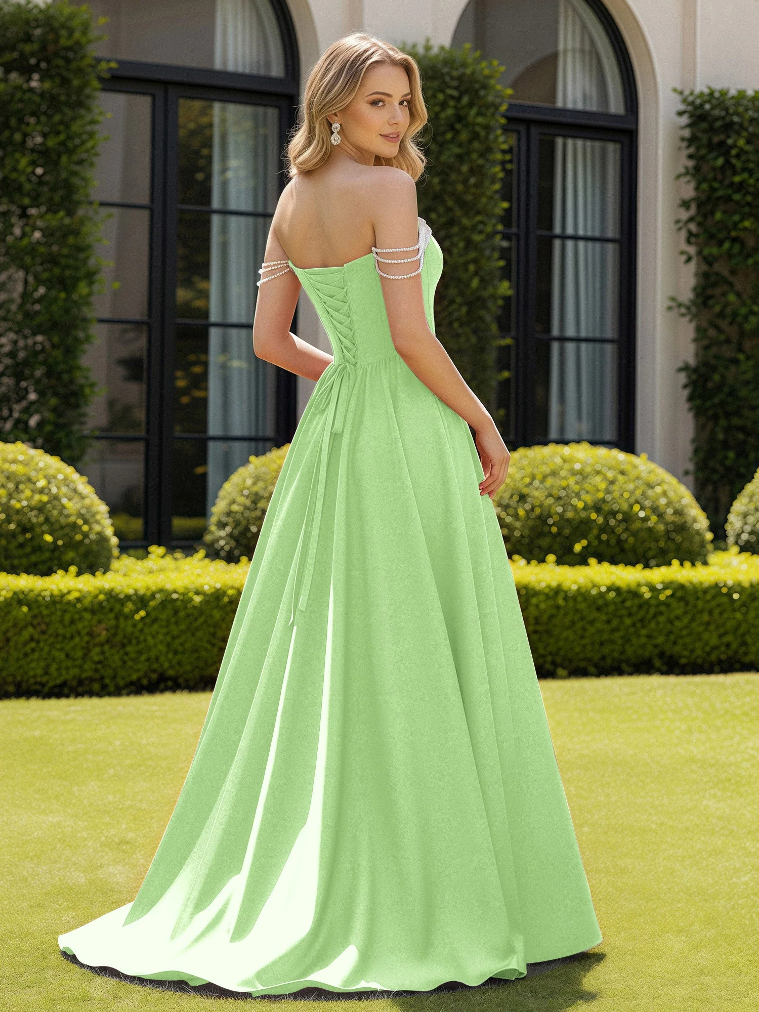 Perlen Schulterfrei A-Linie Schleppe Schlitz Kleid Salbei - Image 2