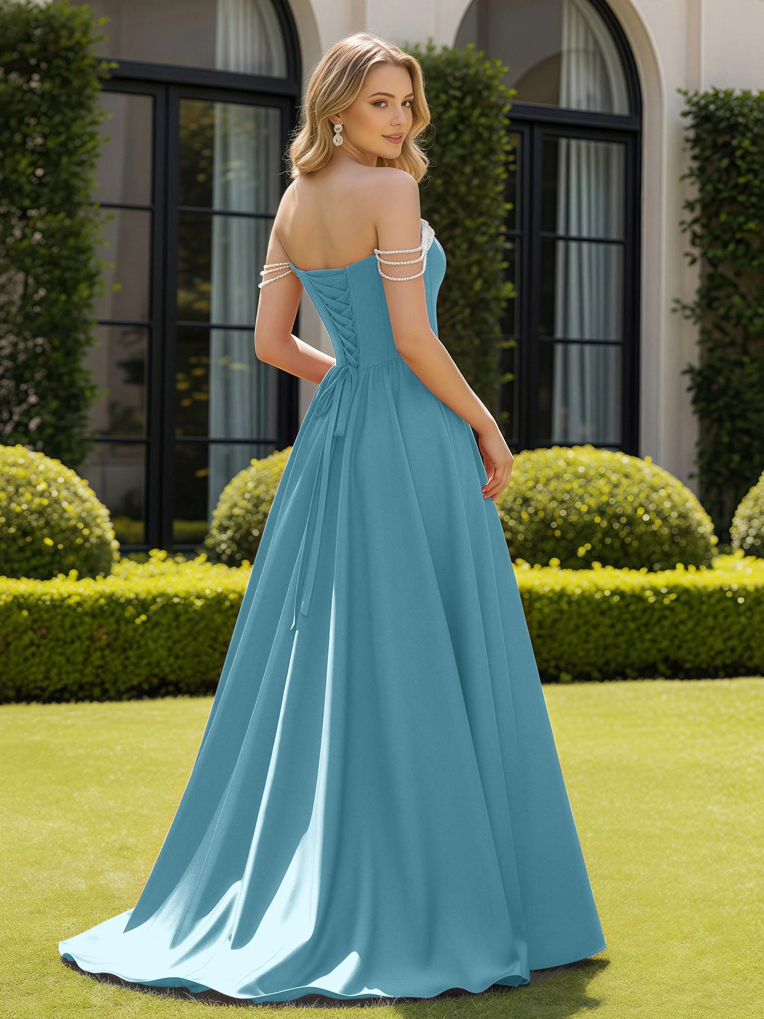 Perlen Schulterfrei A-Linie Schleppe Schlitz Kleid Schwimmbadblau - Image 2
