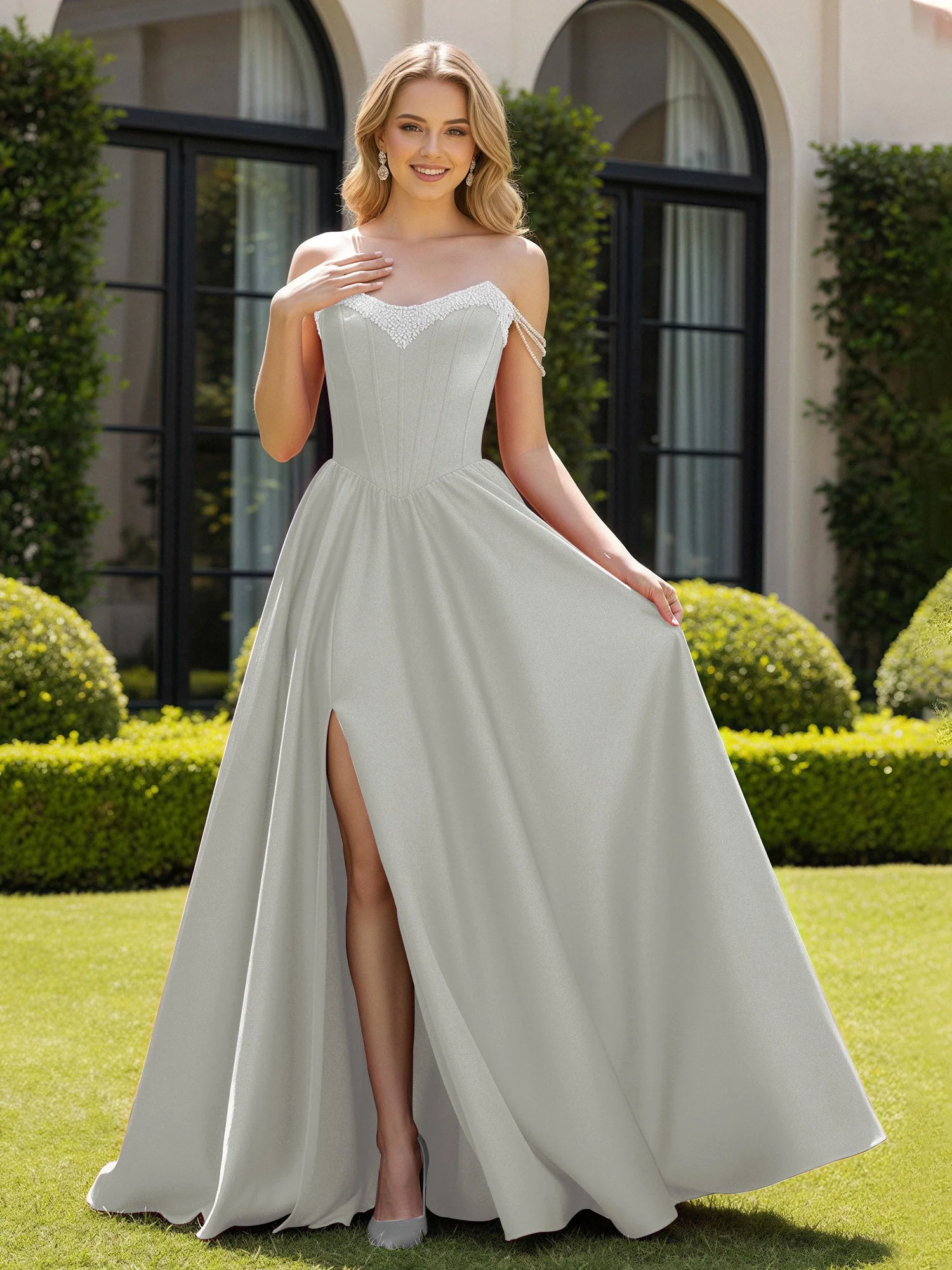 Perlen Schulterfrei A-Linie Schleppe Schlitz Kleid Silber