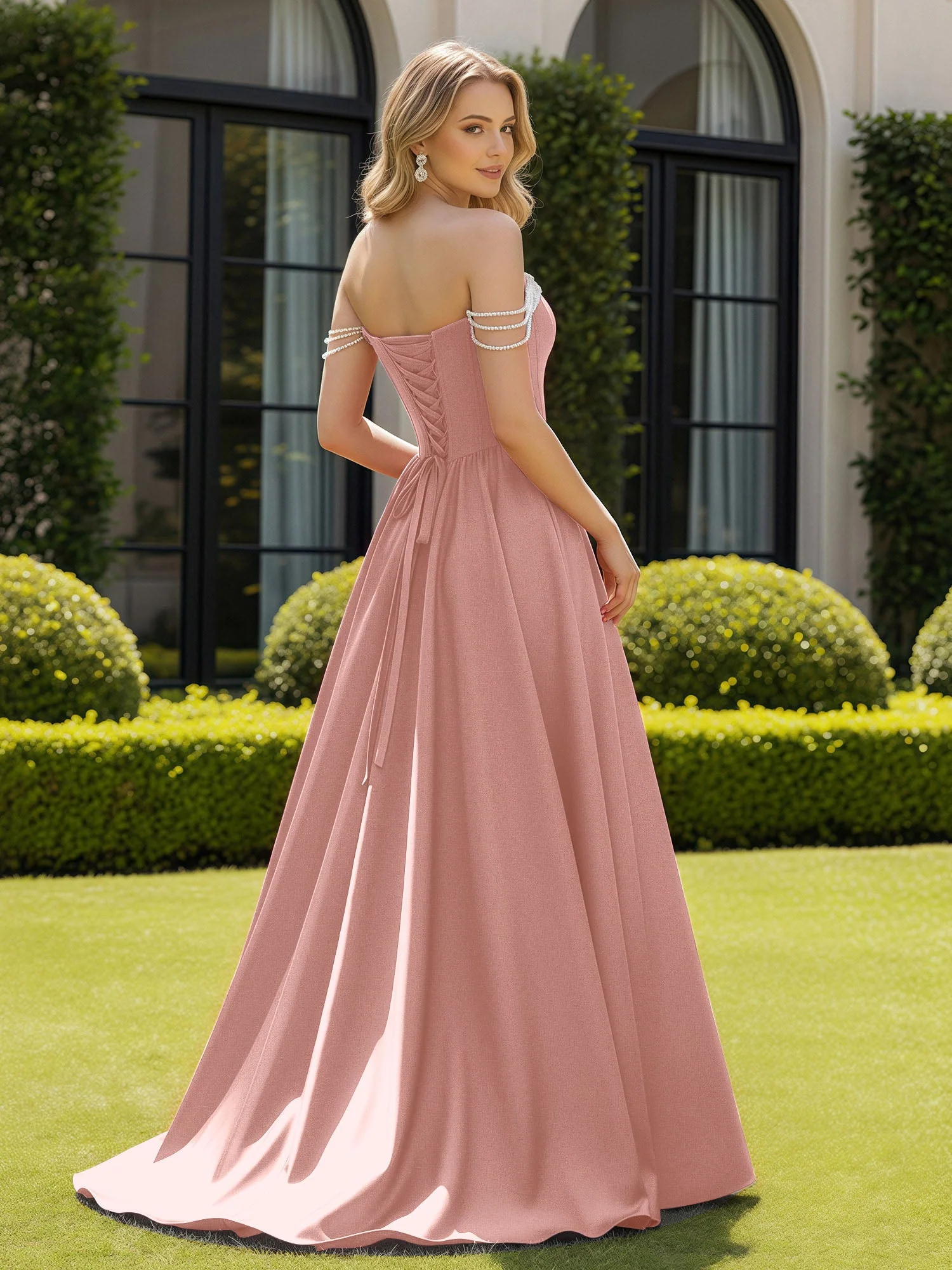 Perlen Schulterfrei A-Linie Schleppe Schlitz Kleid Staubige Rosa - Image 2