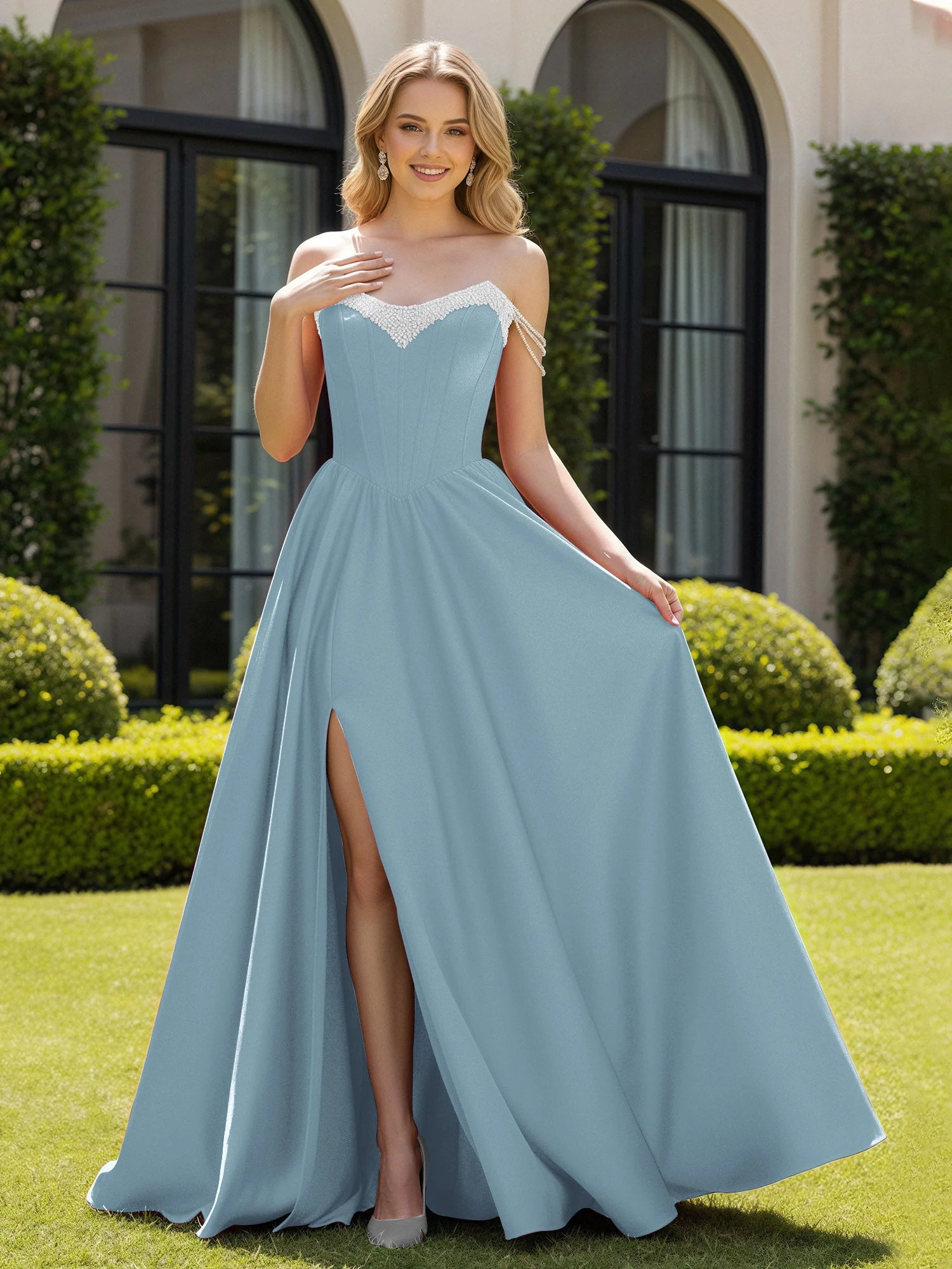 Perlen Schulterfrei A-Linie Schleppe Schlitz Kleid Staubiges Blau