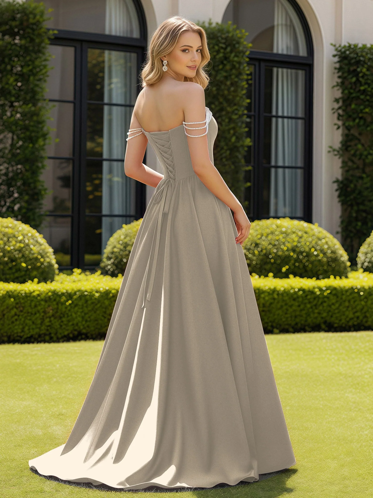 Perlen Schulterfrei A-Linie Schleppe Schlitz Kleid Taupe - Image 2