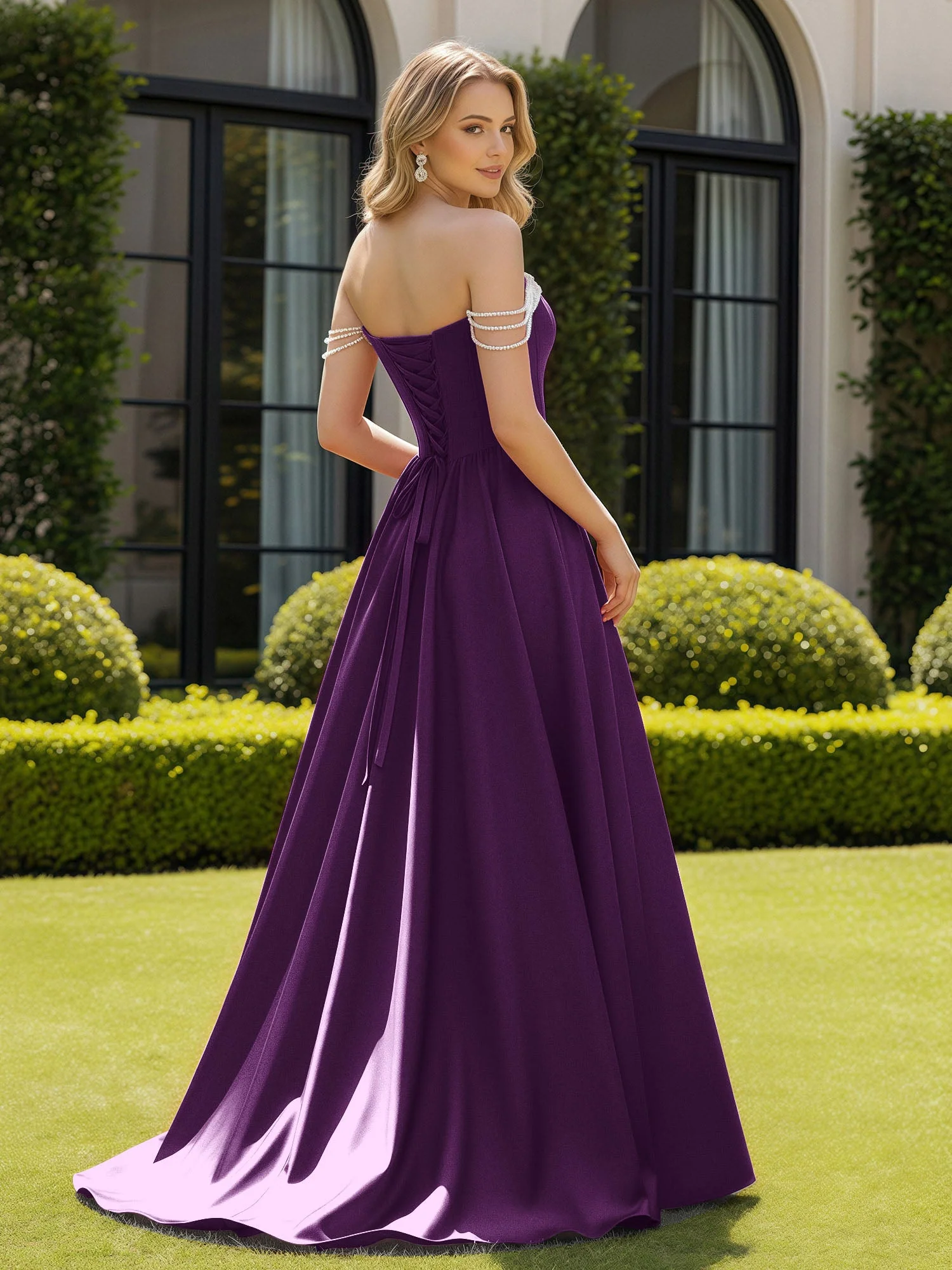 Perlen Schulterfrei A-Linie Schleppe Schlitz Kleid Traube - Image 2