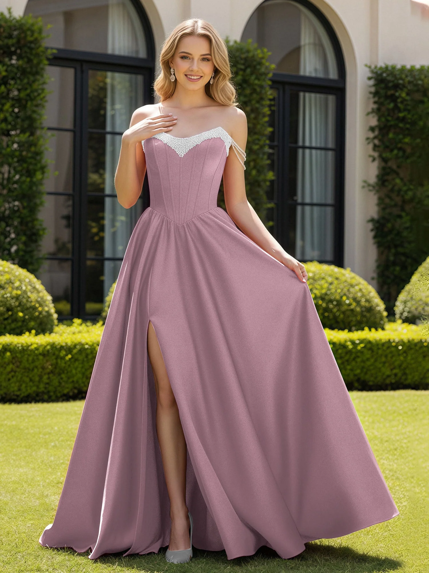 Perlen Schulterfrei A-Linie Schleppe Schlitz Kleid Vintage Mauve