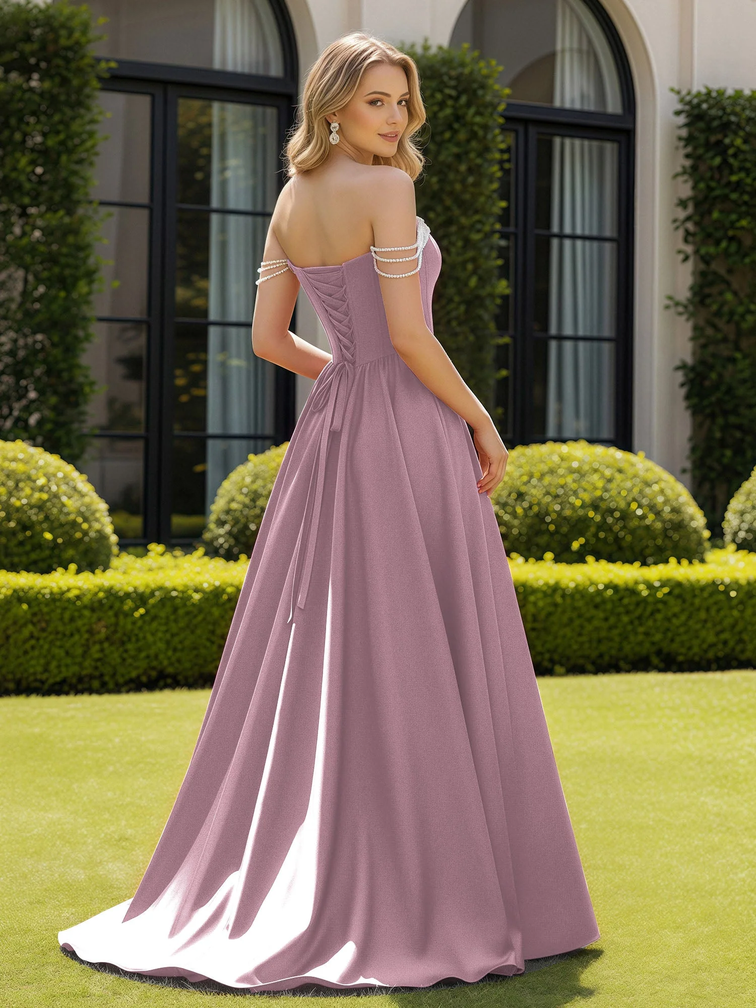 Perlen Schulterfrei A-Linie Schleppe Schlitz Kleid Vintage Mauve - Image 2
