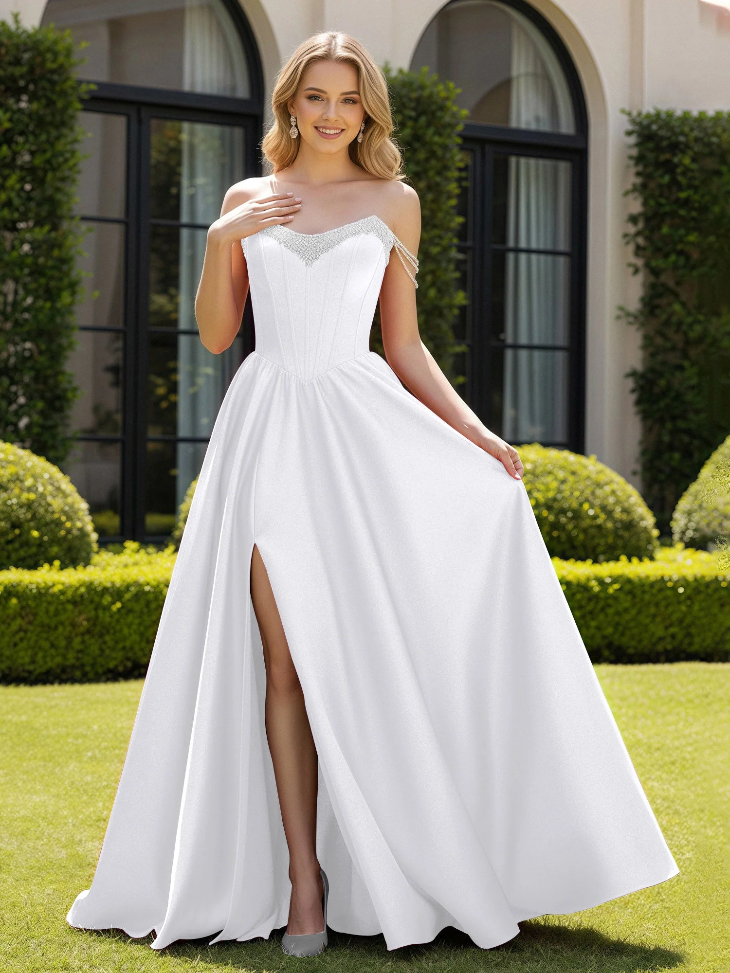 Perlen Schulterfrei A-Linie Schleppe Schlitz Kleid Weiß