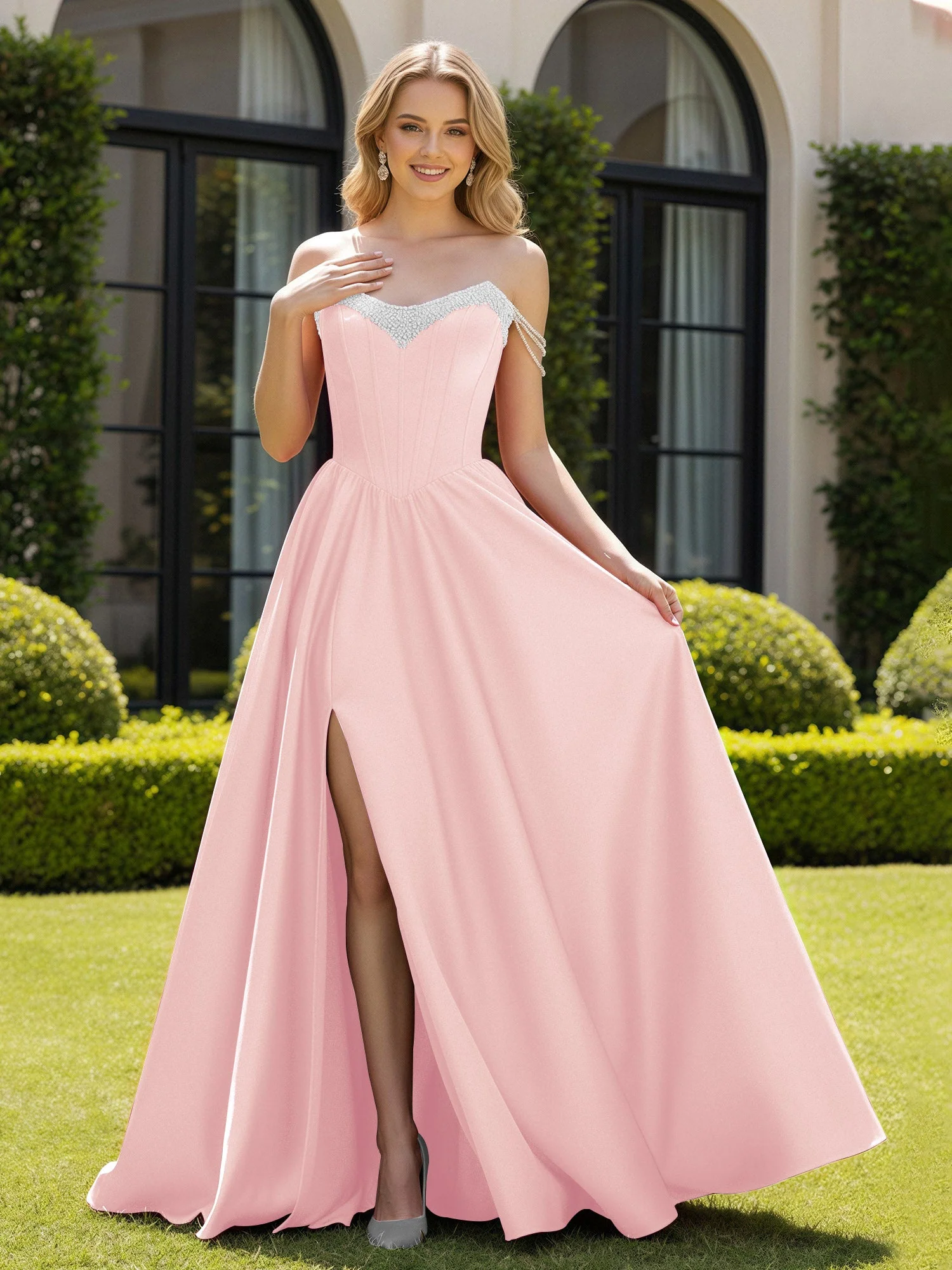 Perlen Schulterfrei A-Linie Schleppe Schlitz Kleid Zartrosa