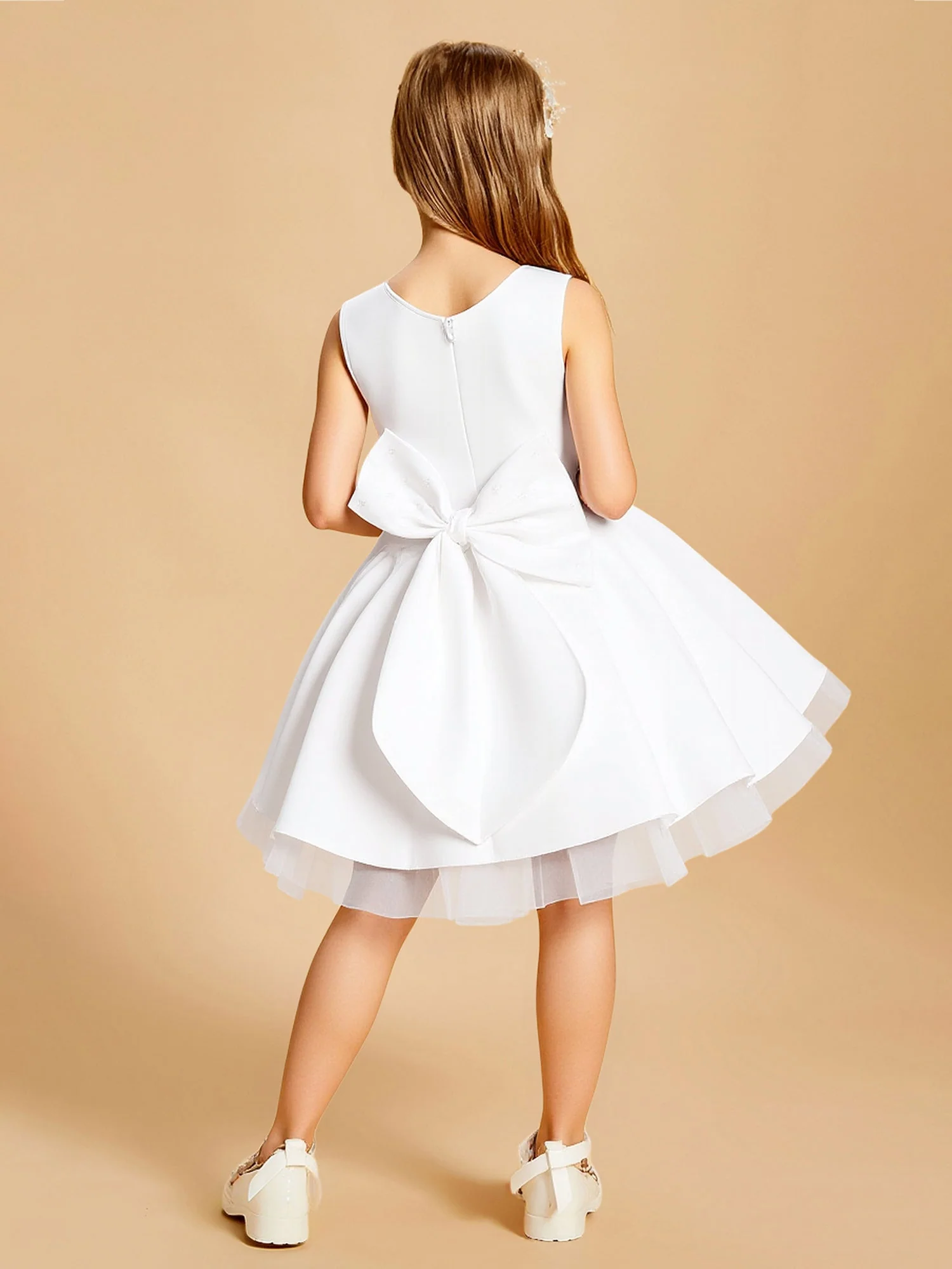 Ärmellos Perlen Hals Satin Party Blumenmädchen Kleid Weiß - Image 2