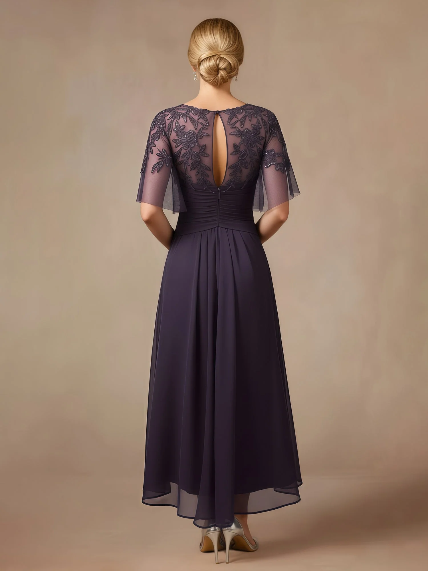 Spitze Pailletten Chiffon A-Linie Asymmetrisch Kleid mit Rüschen Jade - Image 2