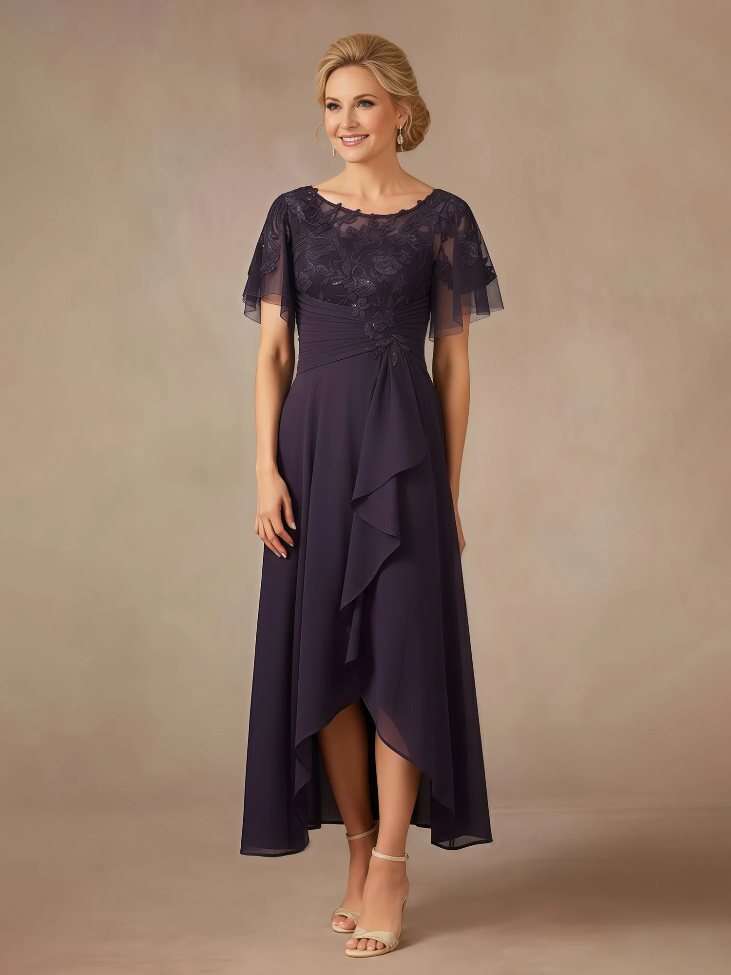Spitze Pailletten Chiffon A-Linie Asymmetrisch Kleid mit Rüschen Orchidee