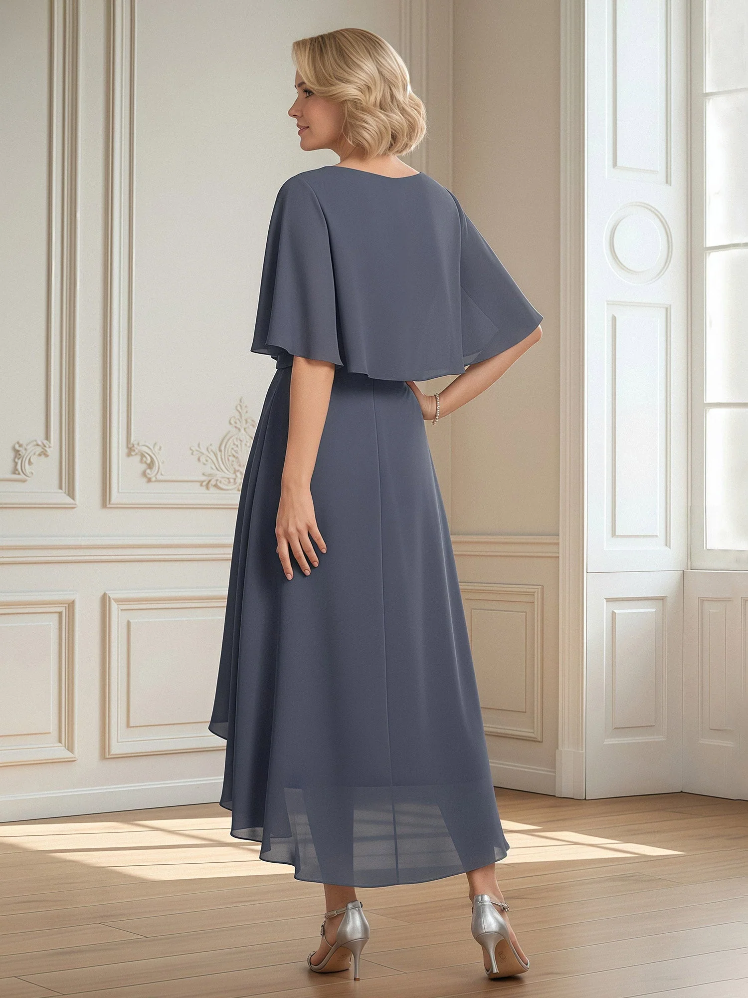 Flatterärmel V-Ausschnitt Asymmetrisch Chiffon Kleid Grün - Image 2