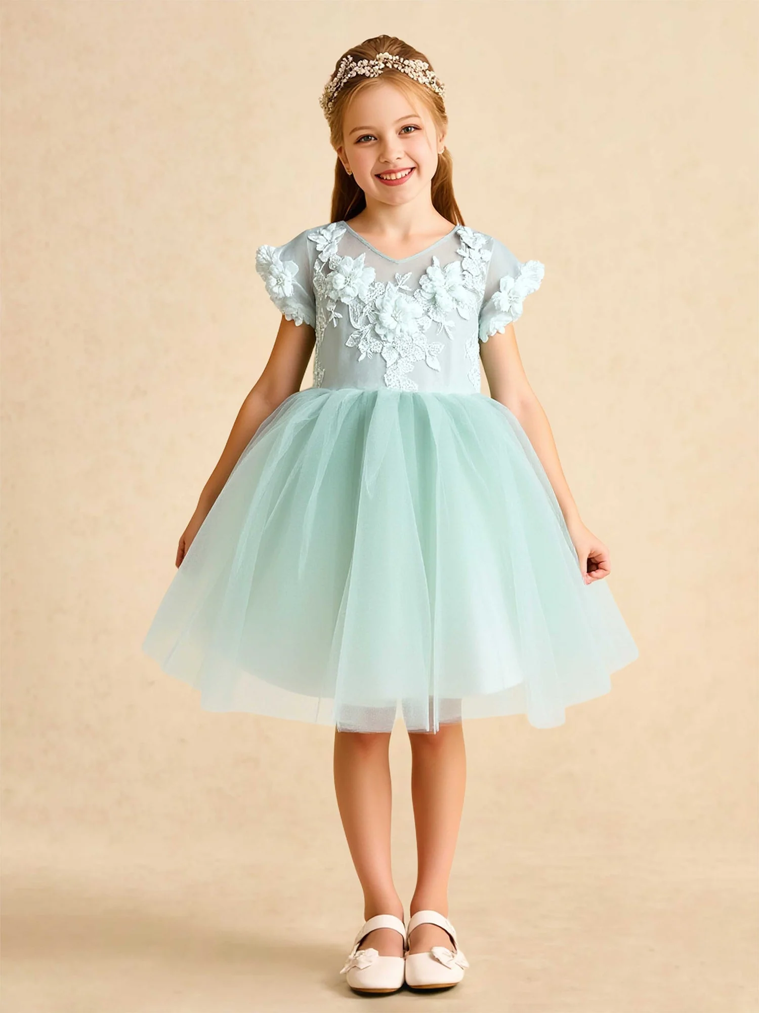 V-Ausschnitt A-Linie Tüll Blumenmädchen Kleid mit Schleife Minzgrün
