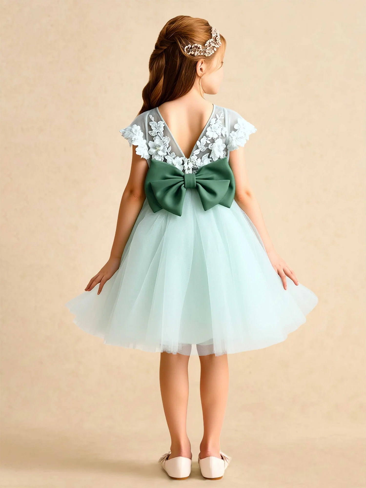 V-Ausschnitt A-Linie Tüll Blumenmädchen Kleid mit Schleife Minzgrün - Image 2