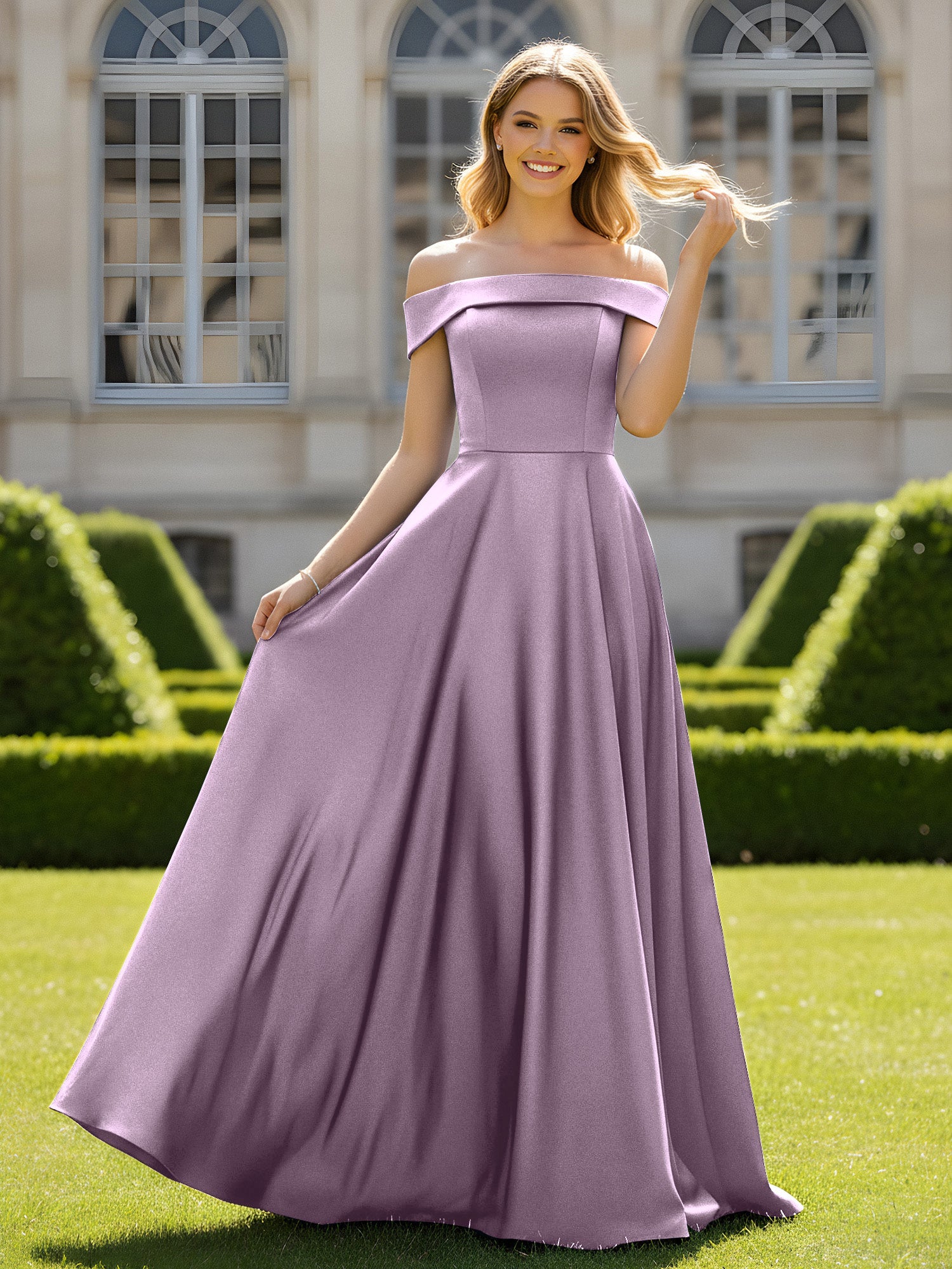 Schulterfrei A-Linie Satin Minimal Kleid Blauregen