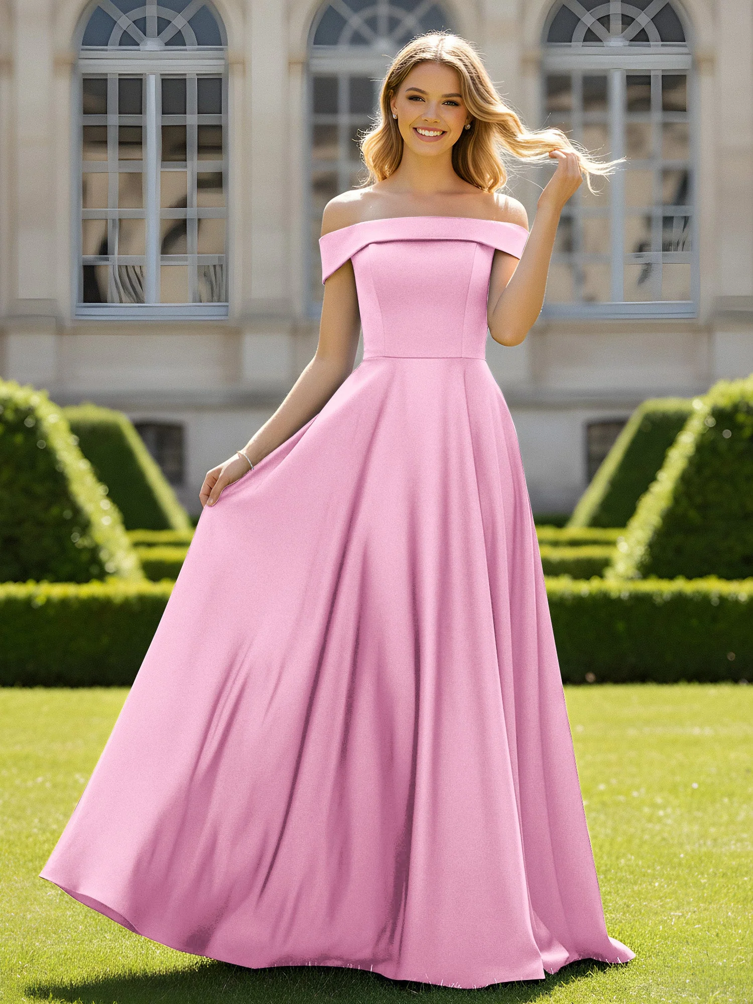 Schulterfrei A-Linie Satin Minimal Kleid Bonbonrosa