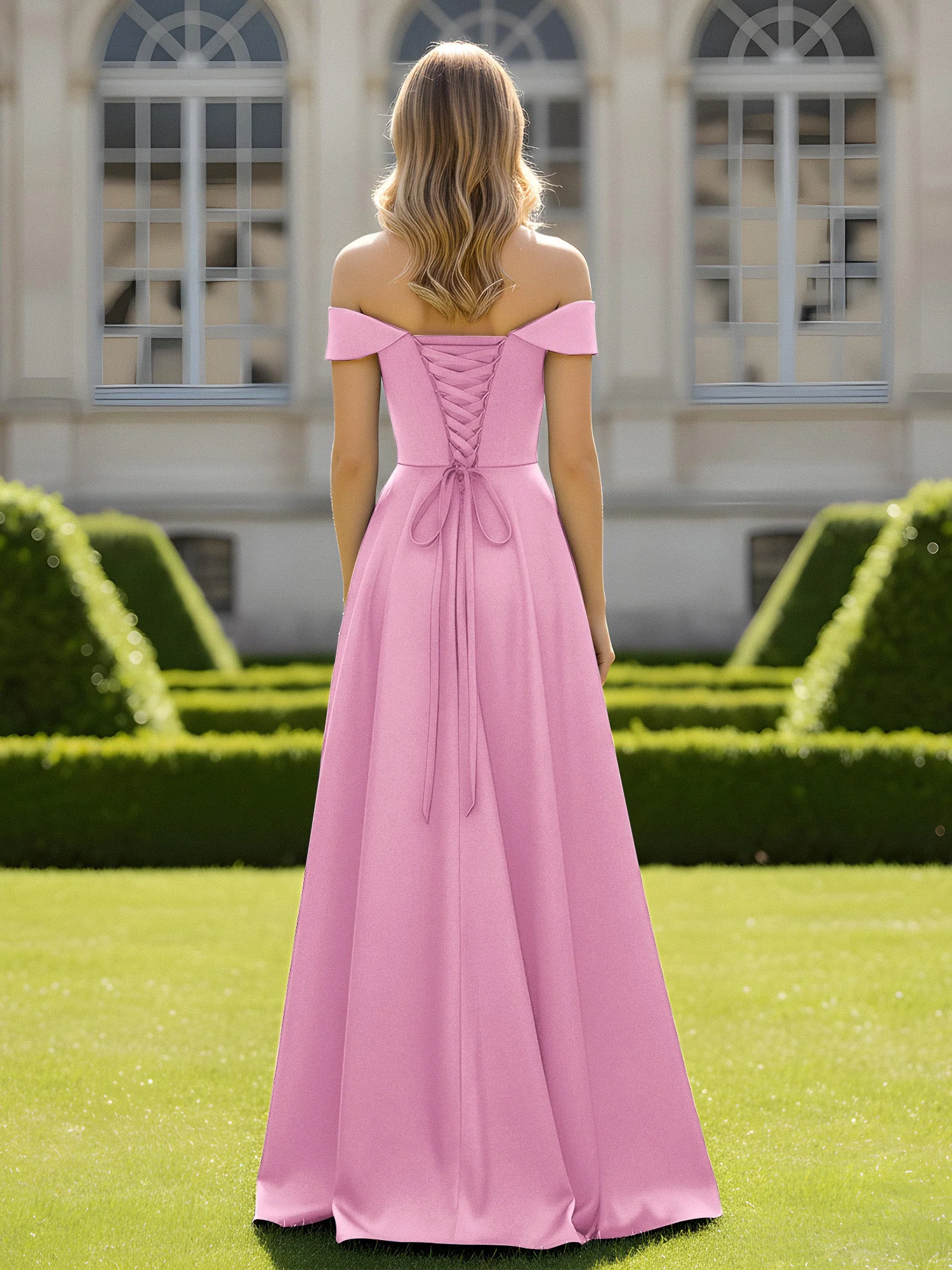 Schulterfrei A-Linie Satin Minimal Kleid Bonbonrosa - Image 2