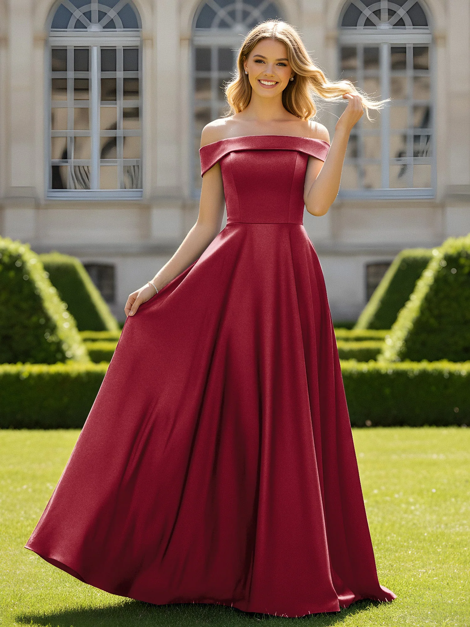 Schulterfrei A-Linie Satin Minimal Kleid Burgunderrot
