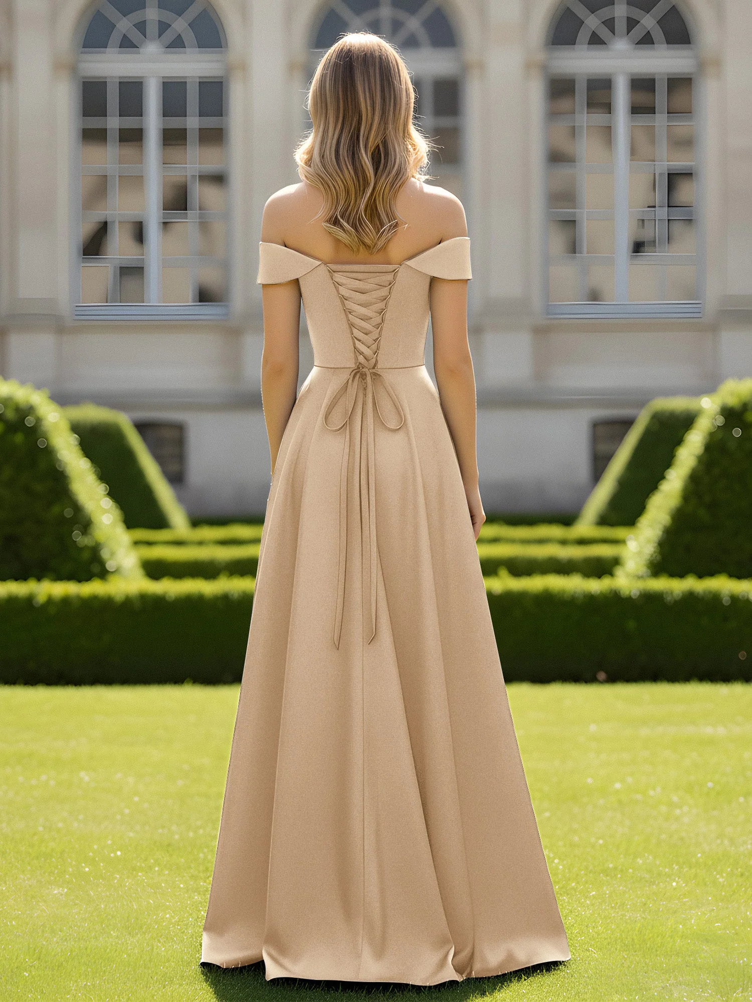Schulterfrei A-Linie Satin Minimal Kleid Champagner - Image 2