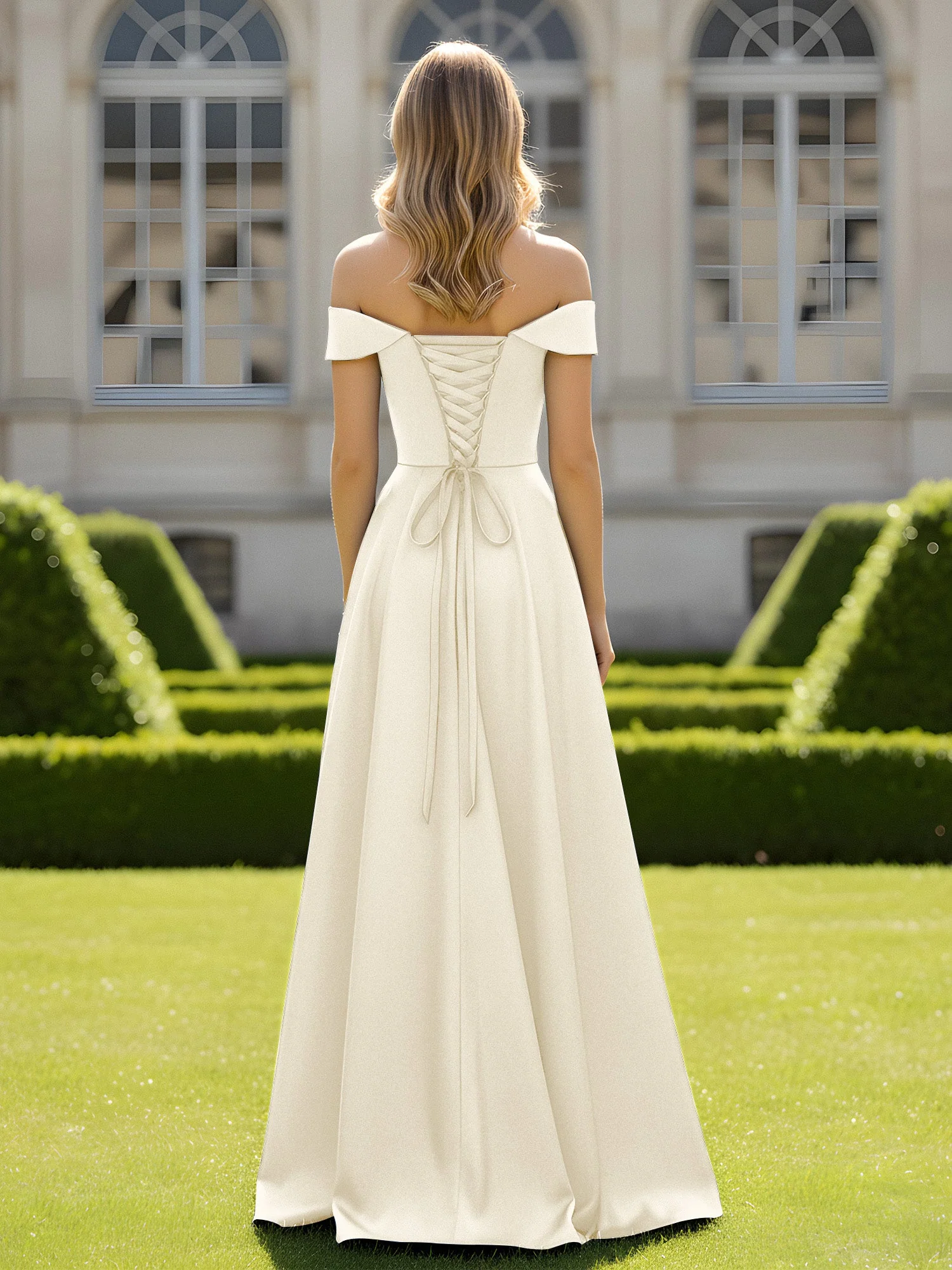 Schulterfrei A-Linie Satin Minimal Kleid Elfenbein - Image 2