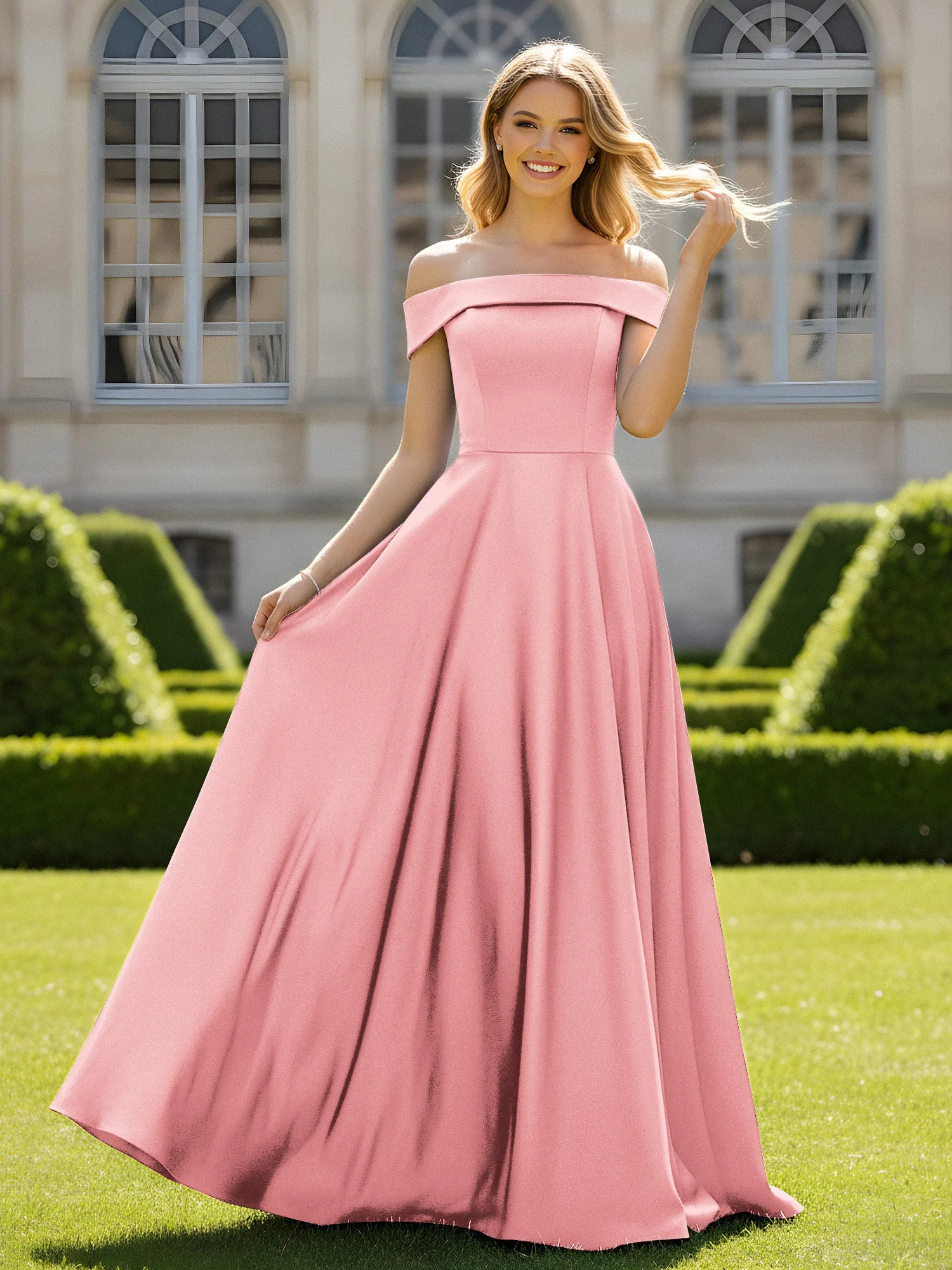 Schulterfrei A-Linie Satin Minimal Kleid Flamingo