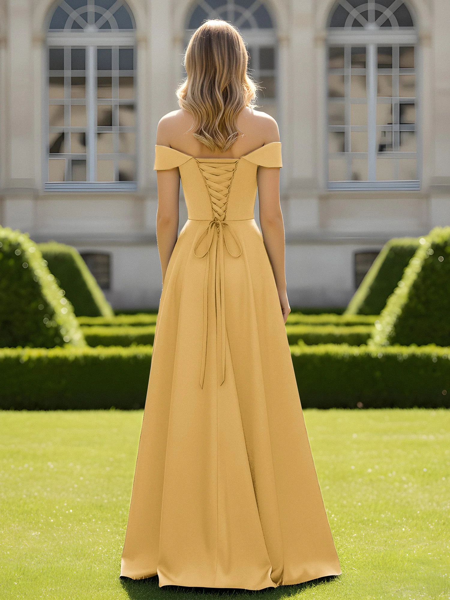 Schulterfrei A-Linie Satin Minimal Kleid Gold - Image 2