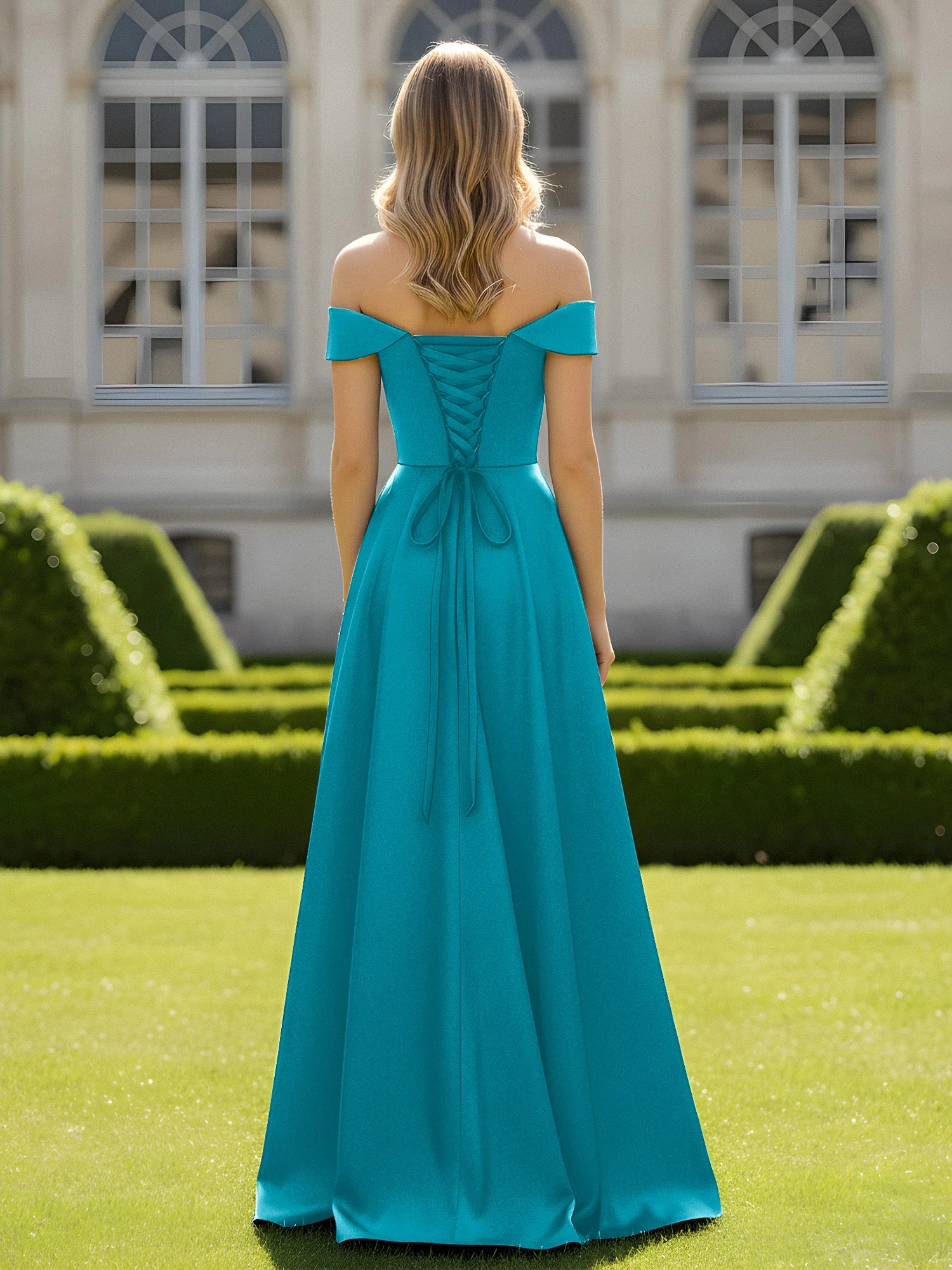 Schulterfrei A-Linie Satin Minimal Kleid Jade - Image 2