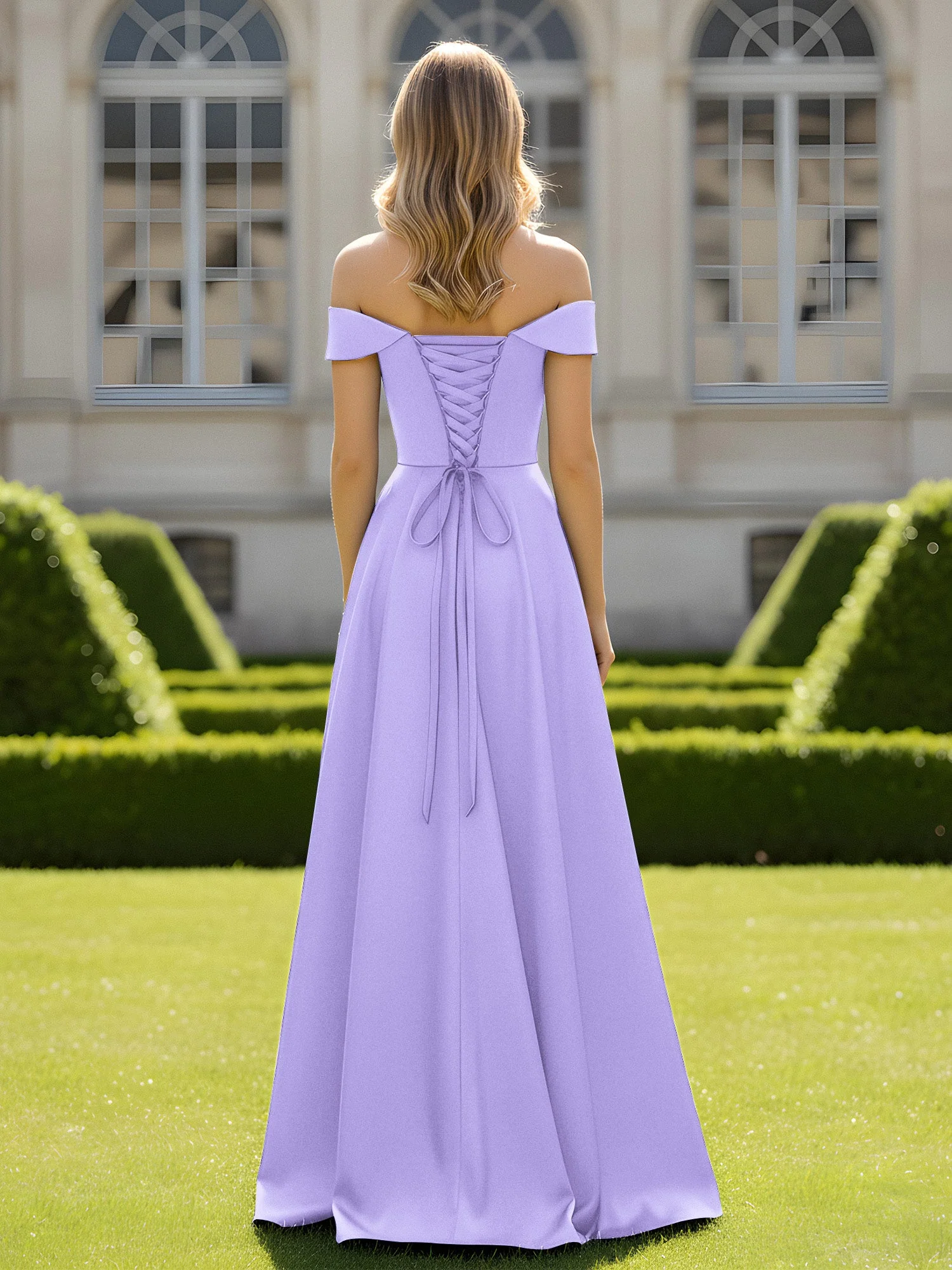 Schulterfrei A-Linie Satin Minimal Kleid Lila - Image 2
