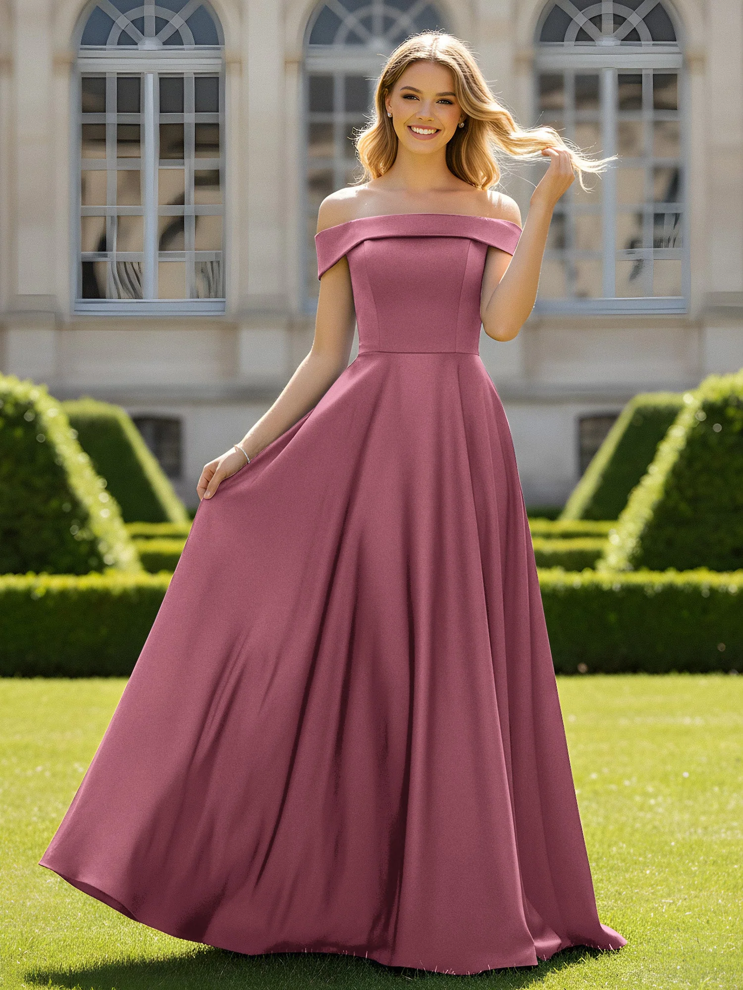 Schulterfrei A-Linie Satin Minimal Kleid Maulbeere