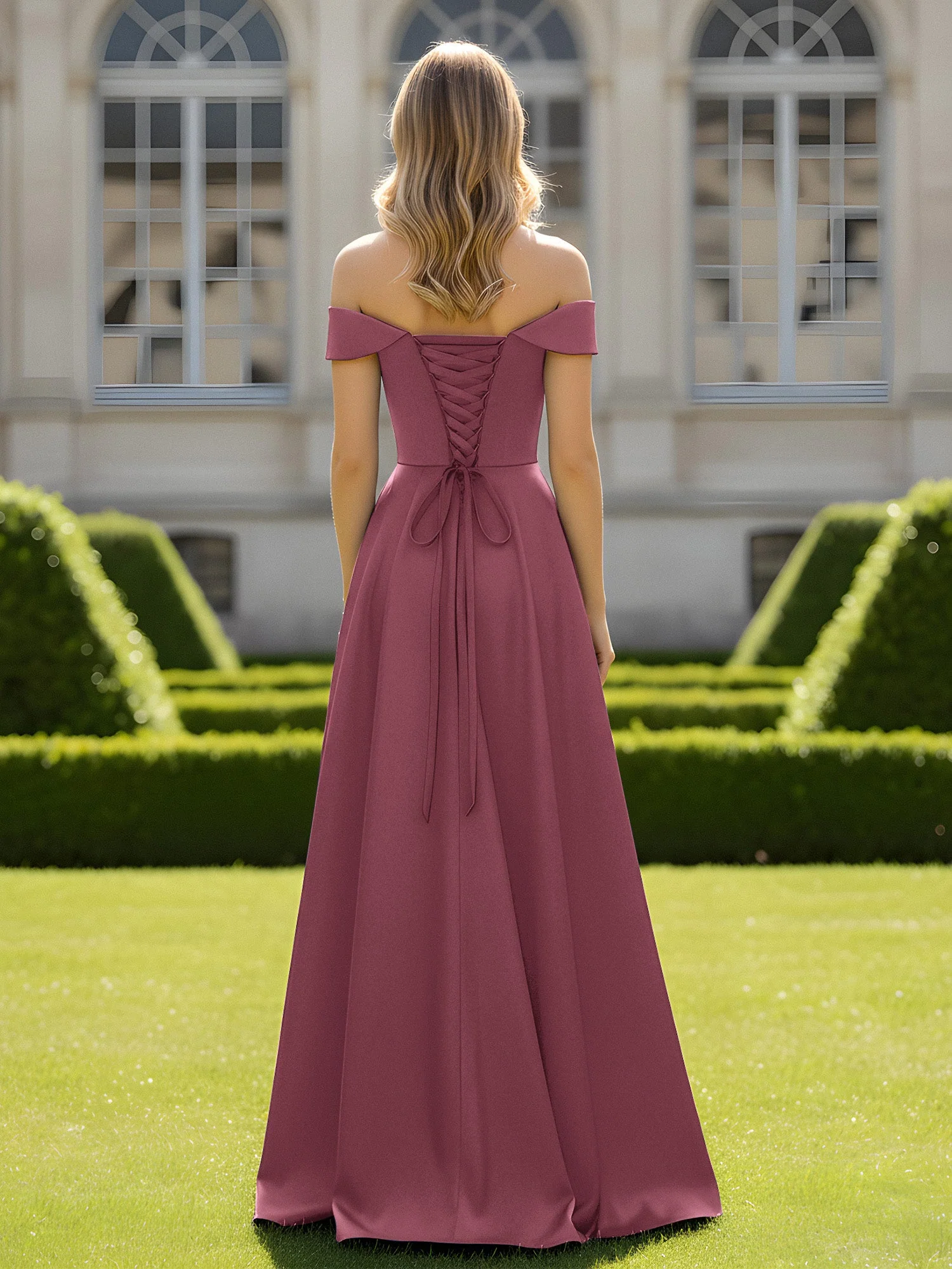 Schulterfrei A-Linie Satin Minimal Kleid Maulbeere - Image 2