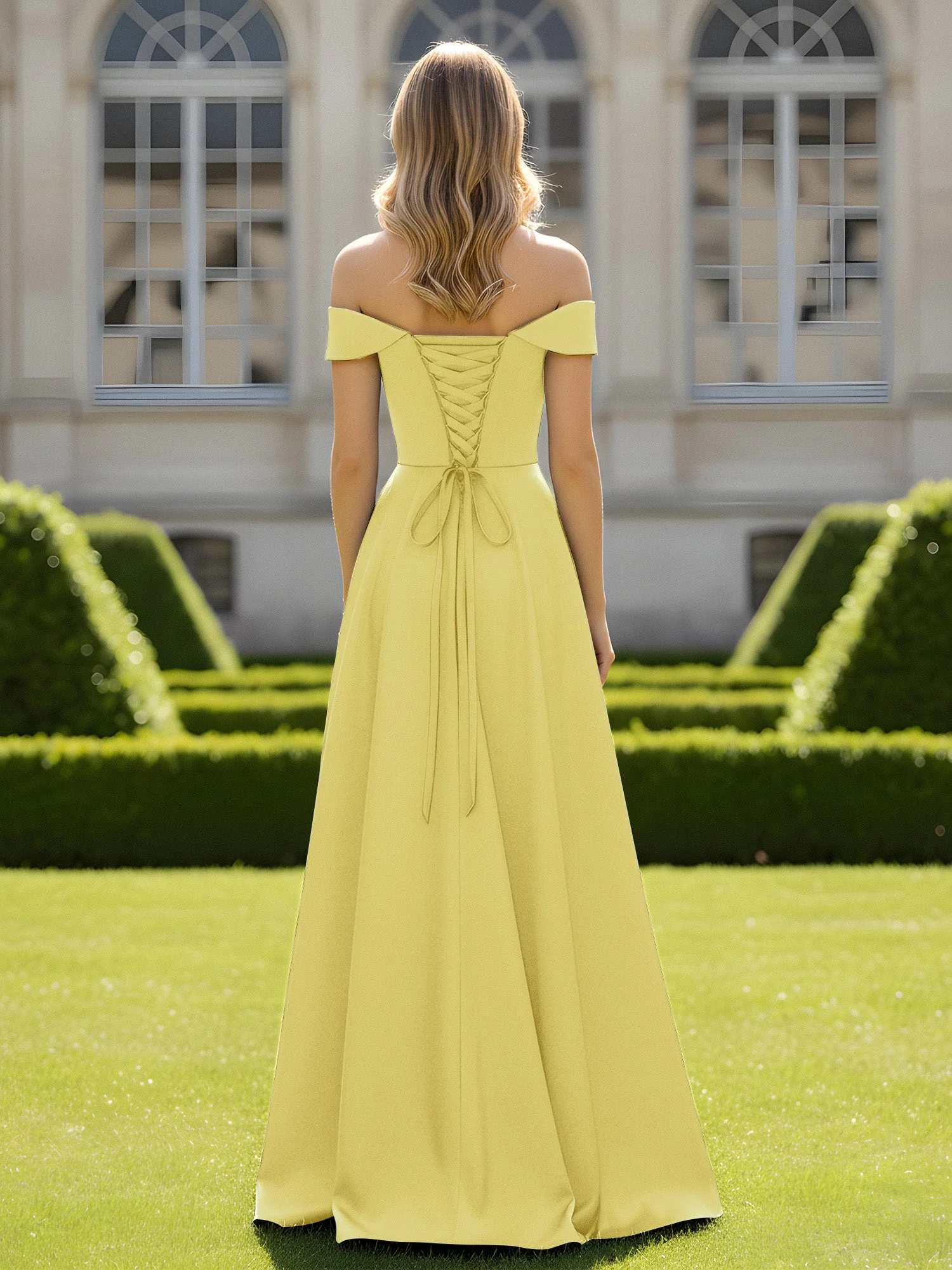 Schulterfrei A-Linie Satin Minimal Kleid Narzisse - Image 2