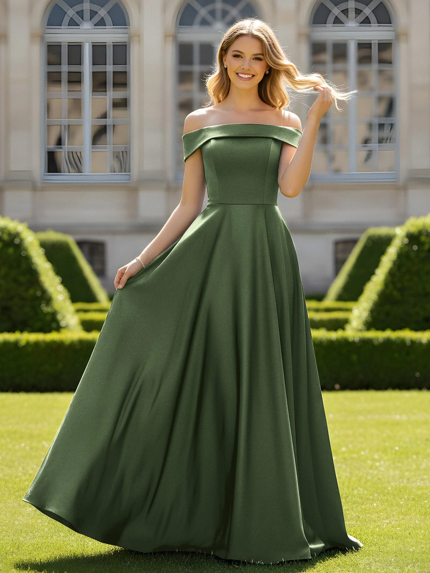 Schulterfrei A-Linie Satin Minimal Kleid Olivgrün