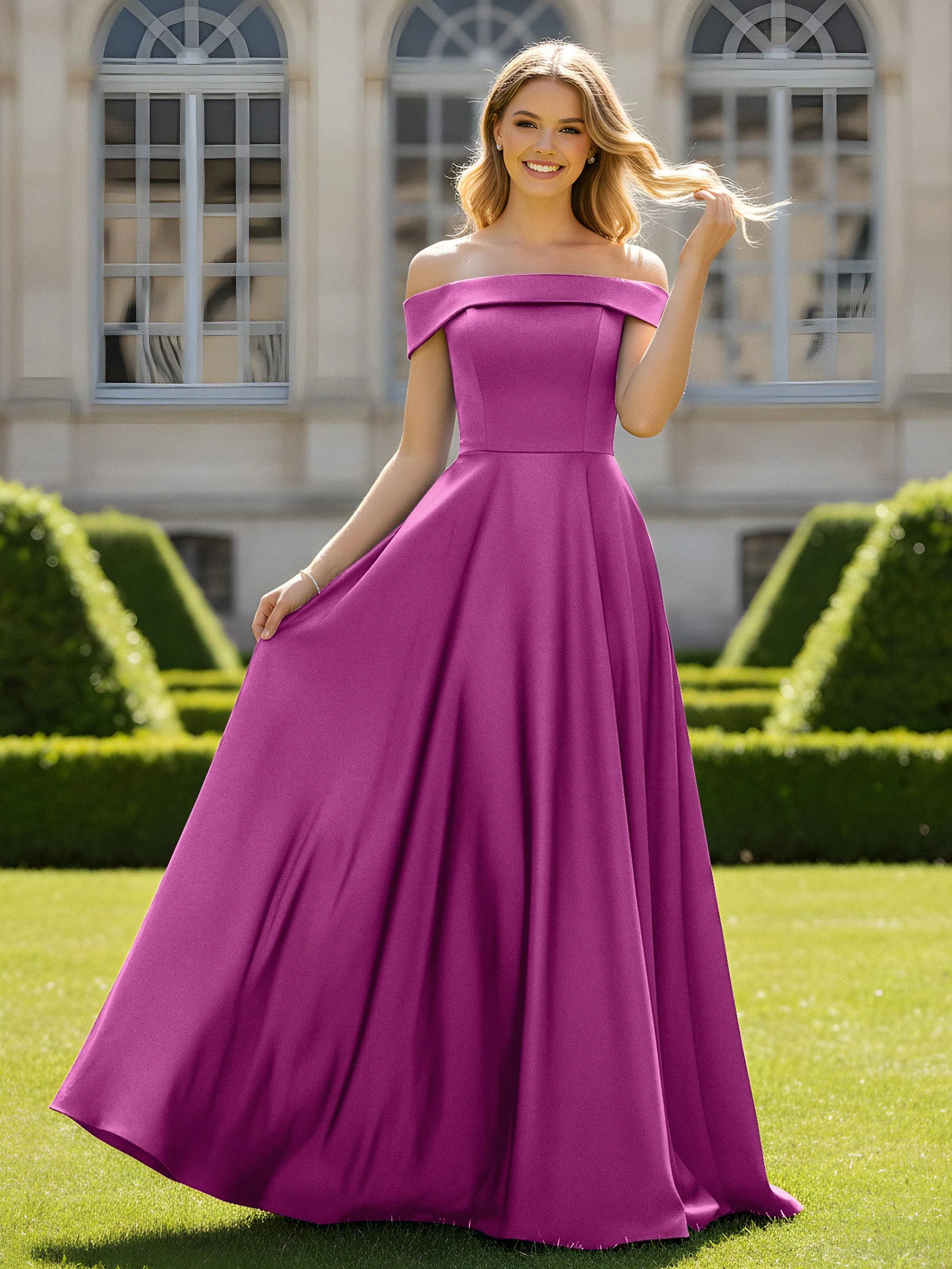 Schulterfrei A-Linie Satin Minimal Kleid Orchidee