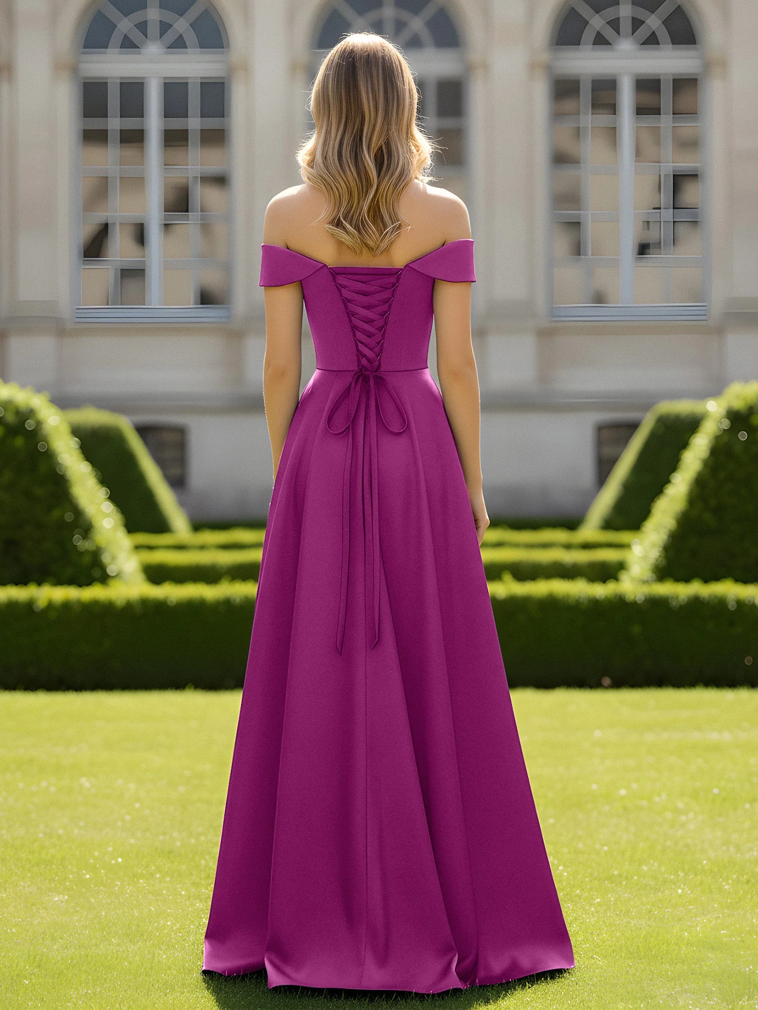 Schulterfrei A-Linie Satin Minimal Kleid Orchidee - Image 2
