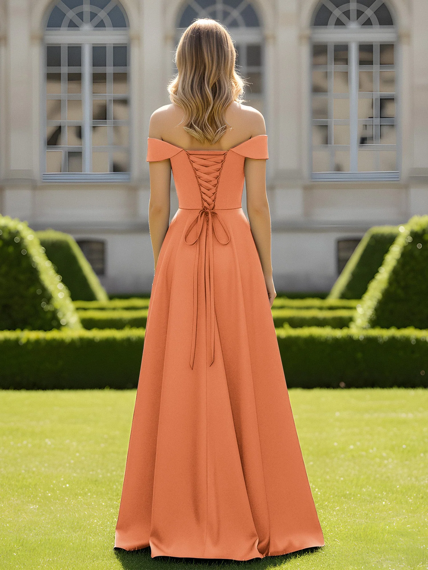 Schulterfrei A-Linie Satin Minimal Kleid Papaya - Image 2