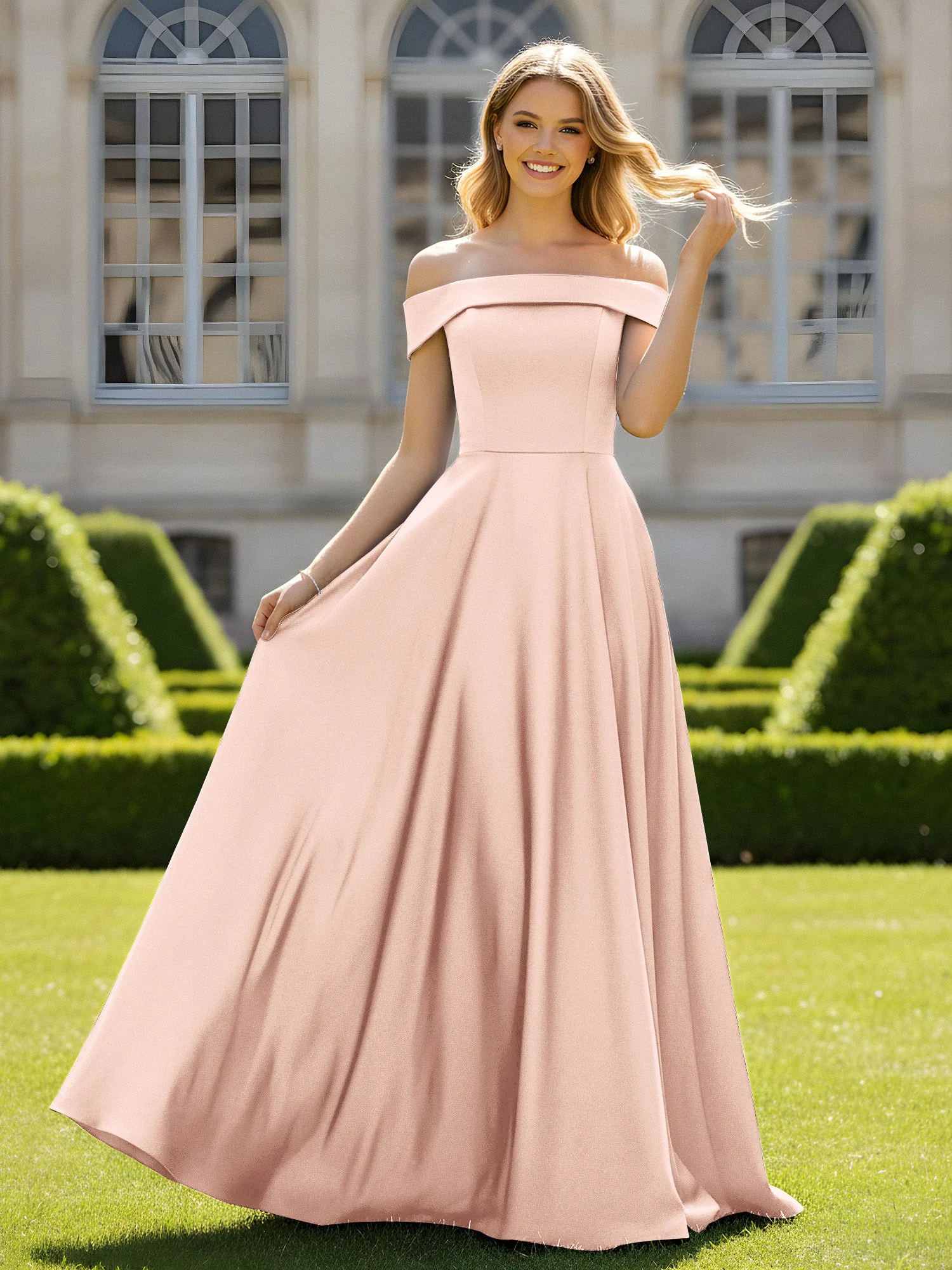 Schulterfrei A-Linie Satin Minimal Kleid Perlrosa