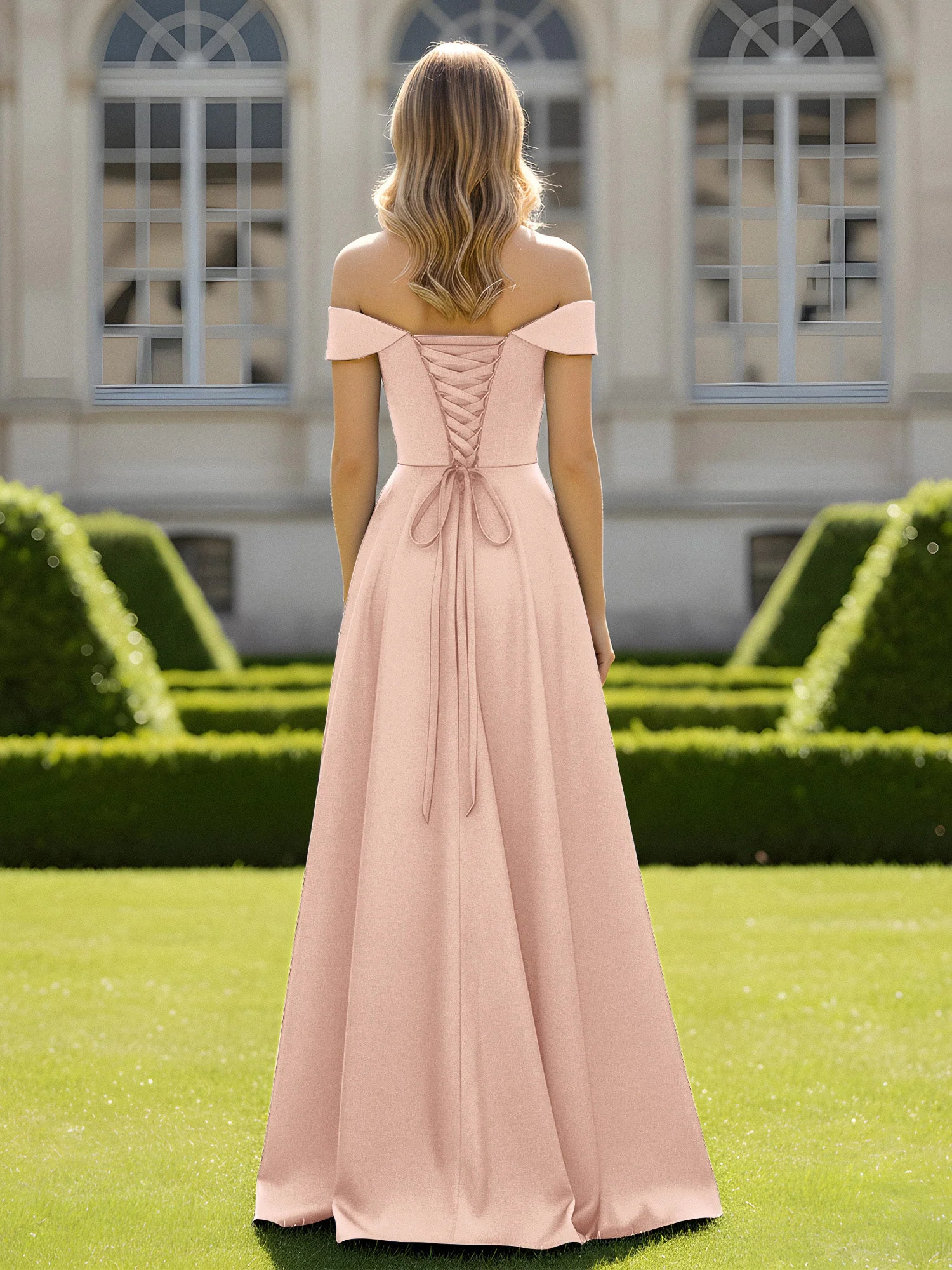 Schulterfrei A-Linie Satin Minimal Kleid Perlrosa - Image 2