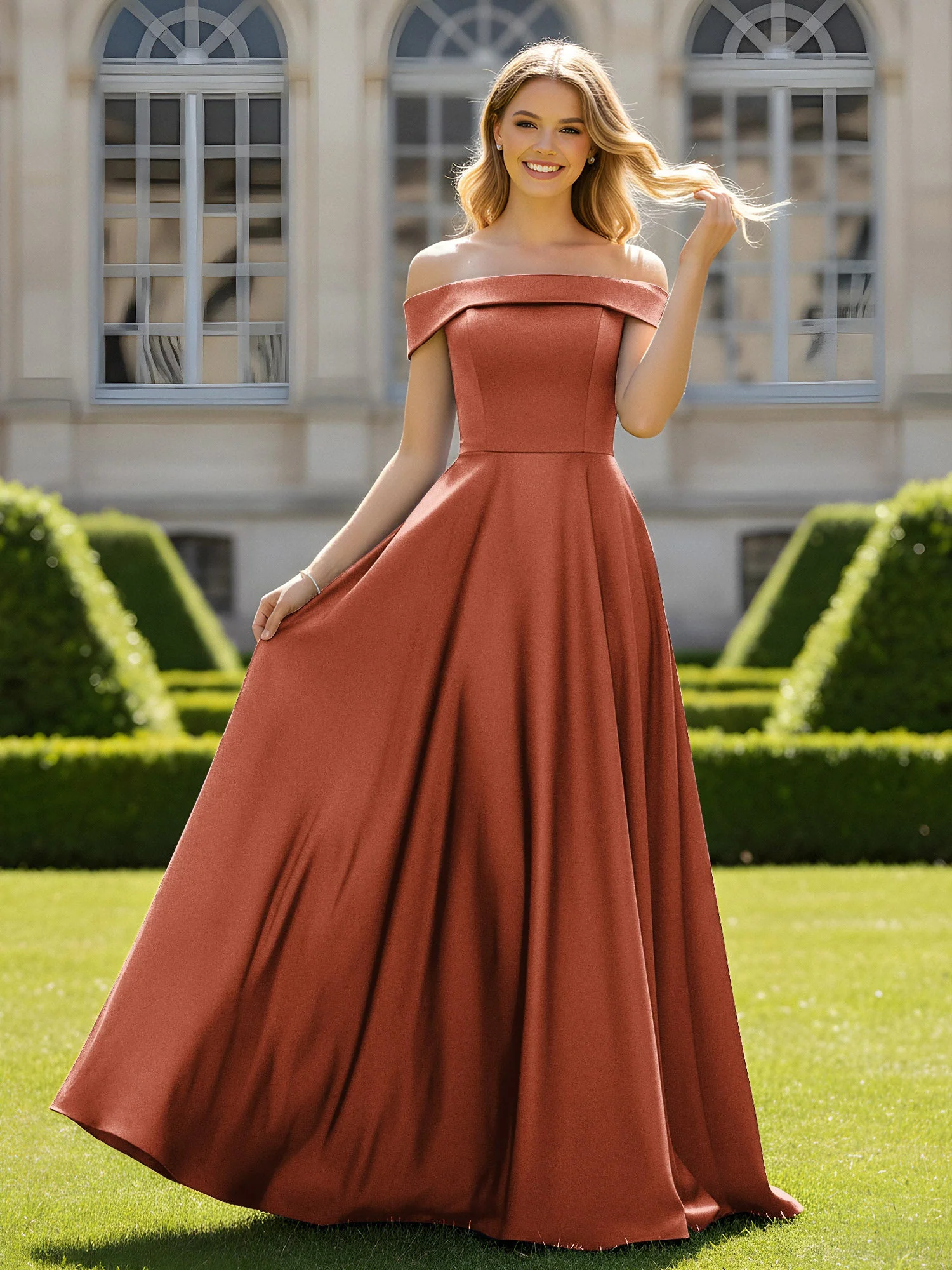 Schulterfrei A-Linie Satin Minimal Kleid Rost