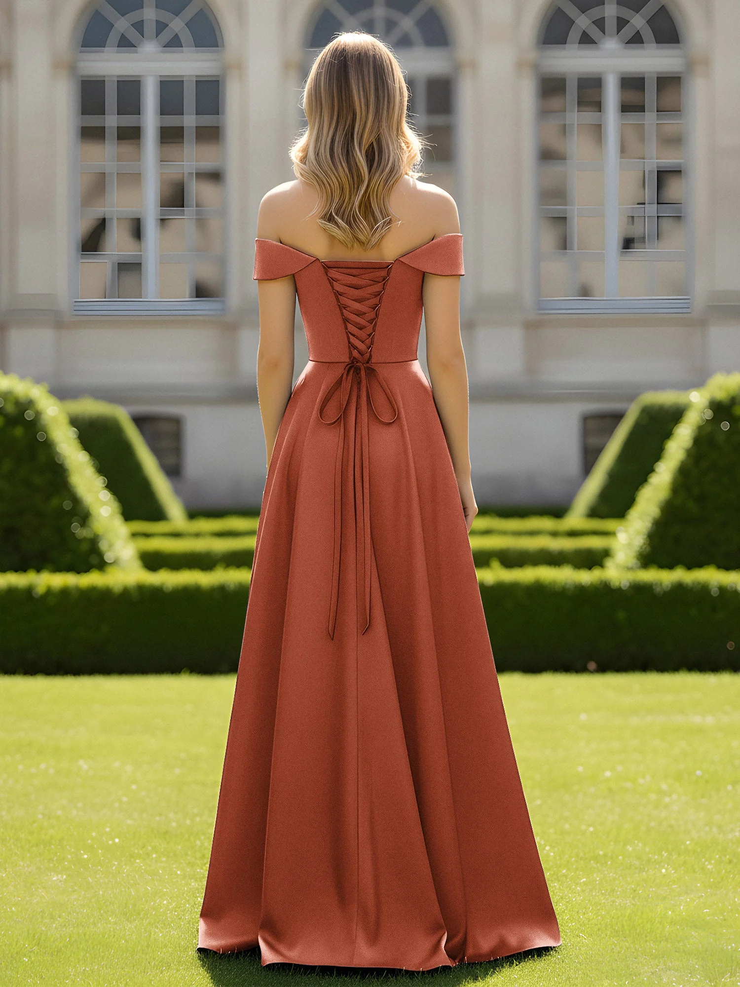 Schulterfrei A-Linie Satin Minimal Kleid Rost - Image 2