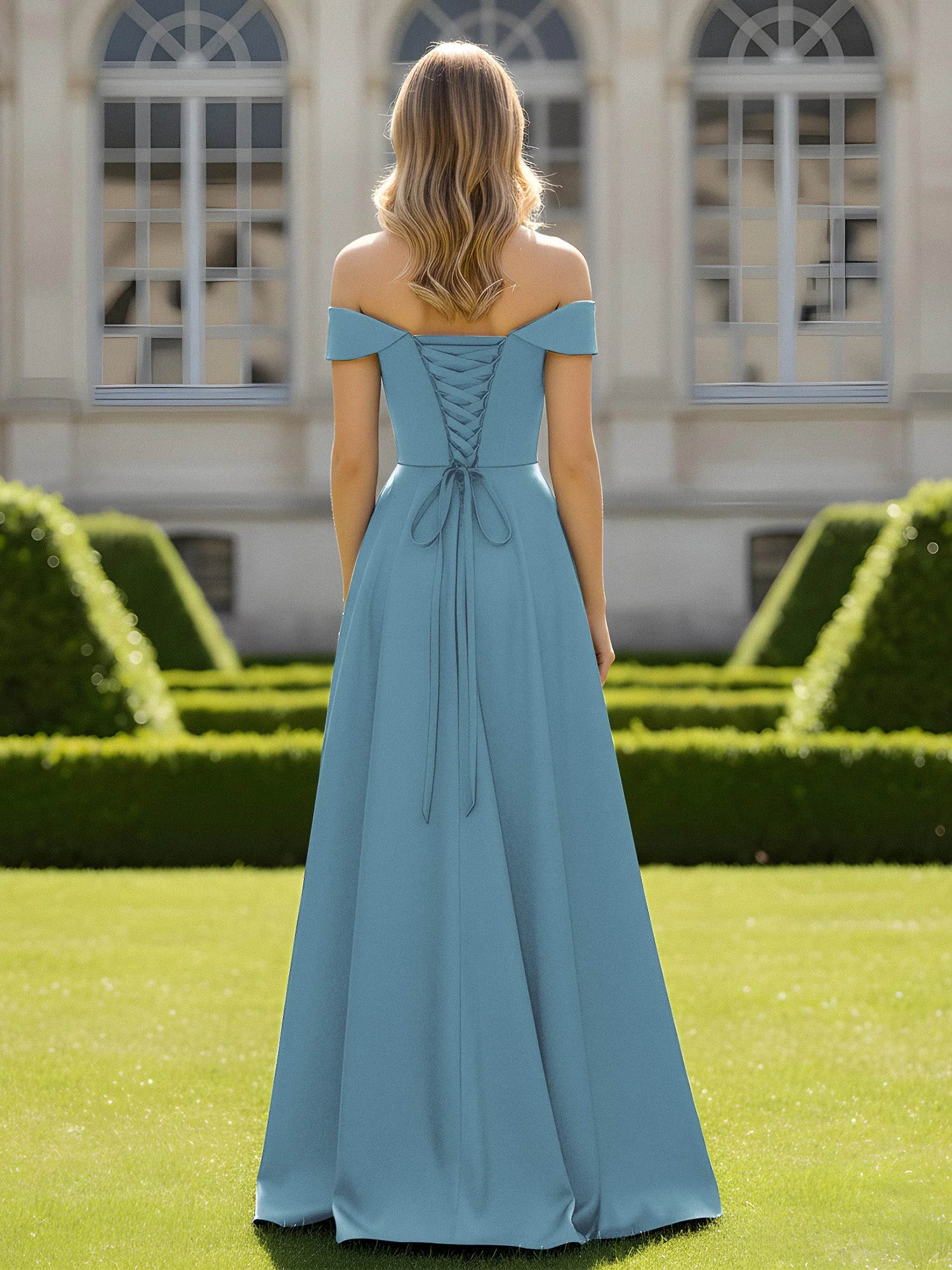Schulterfrei A-Linie Satin Minimal Kleid Schiefer Blau - Image 2