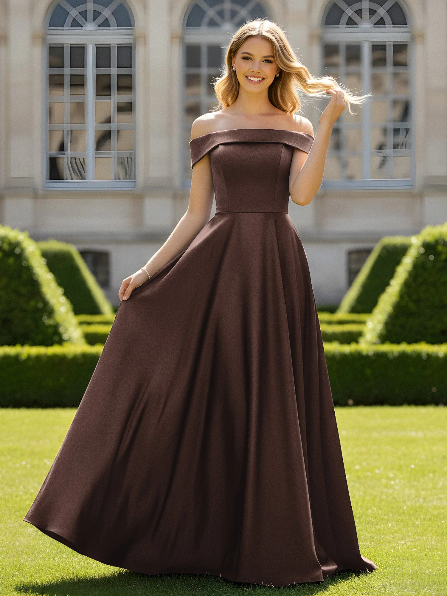 Schulterfrei A-Linie Satin Minimal Kleid Schokolade