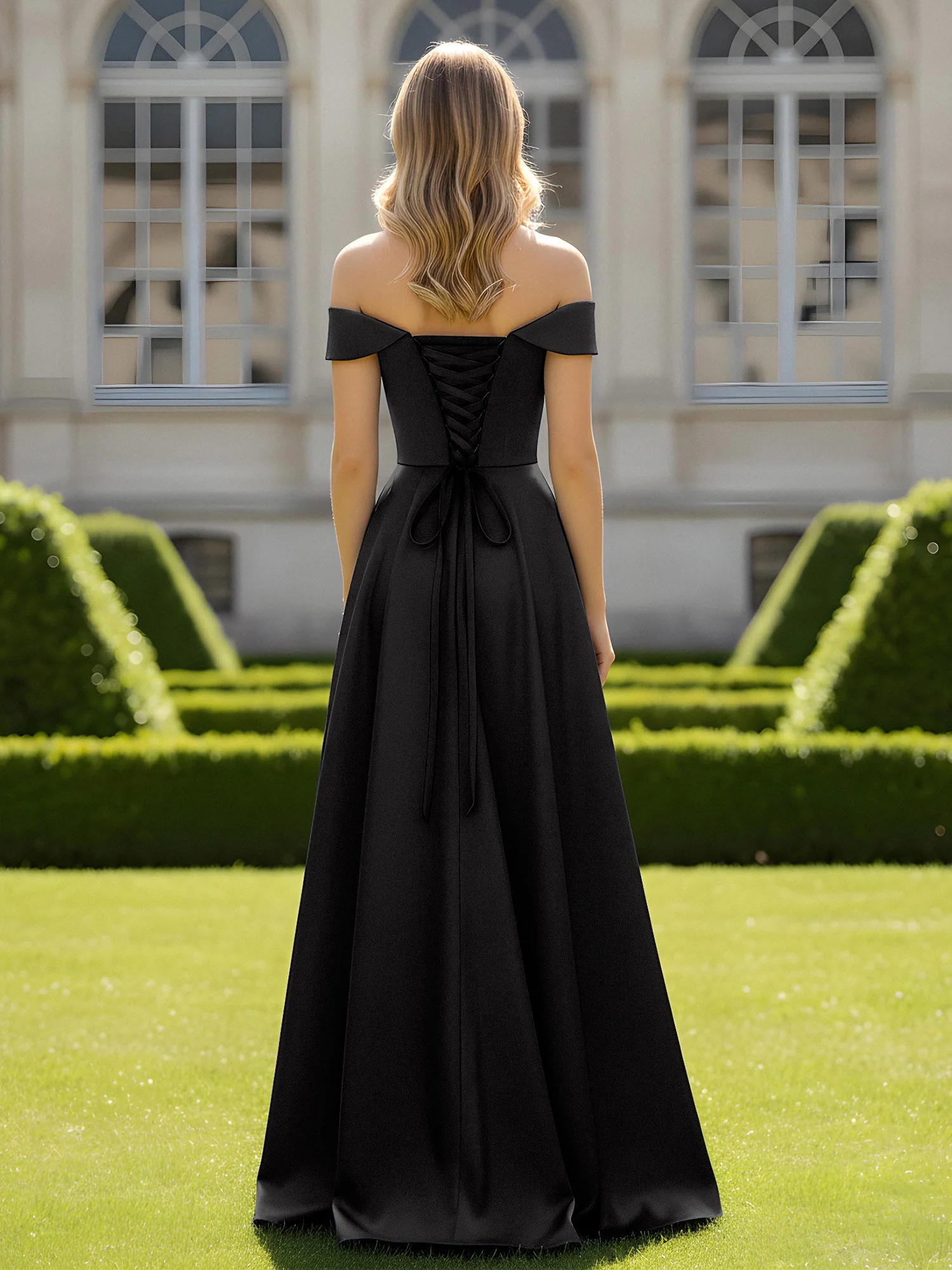 Schulterfrei A-Linie Satin Minimal Kleid Schwarz - Image 2