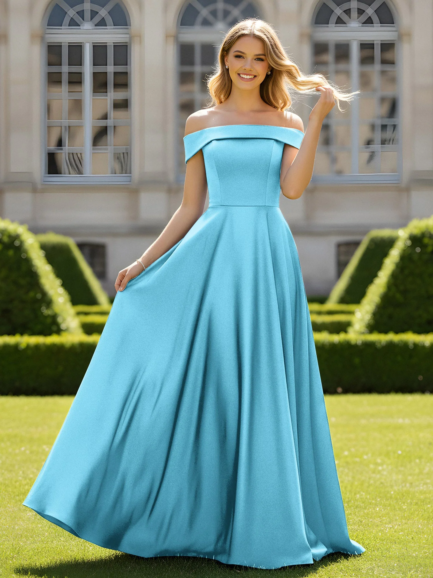 Schulterfrei A-Linie Satin Minimal Kleid Schwimmbadblau