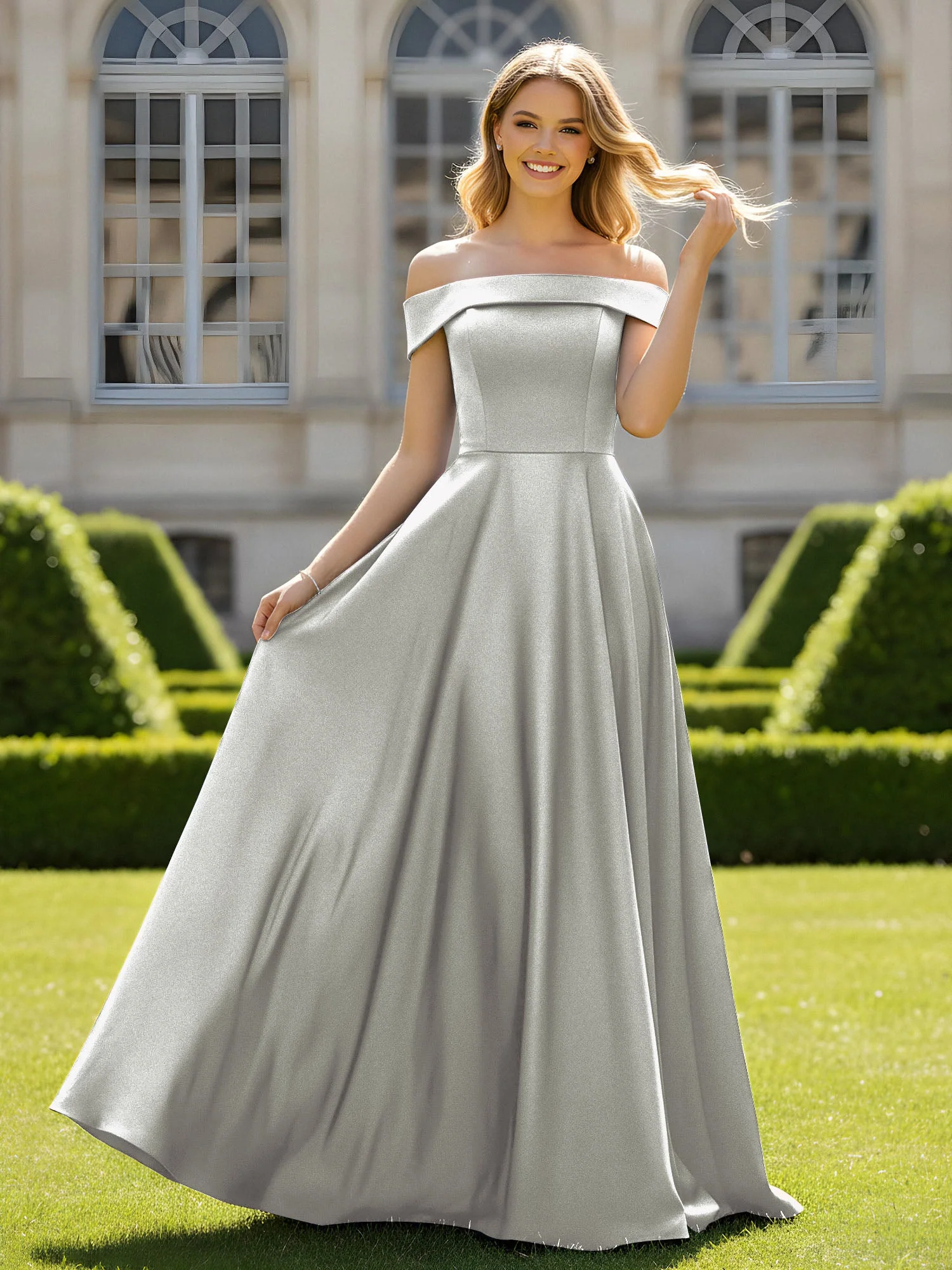 Schulterfrei A-Linie Satin Minimal Kleid Silber