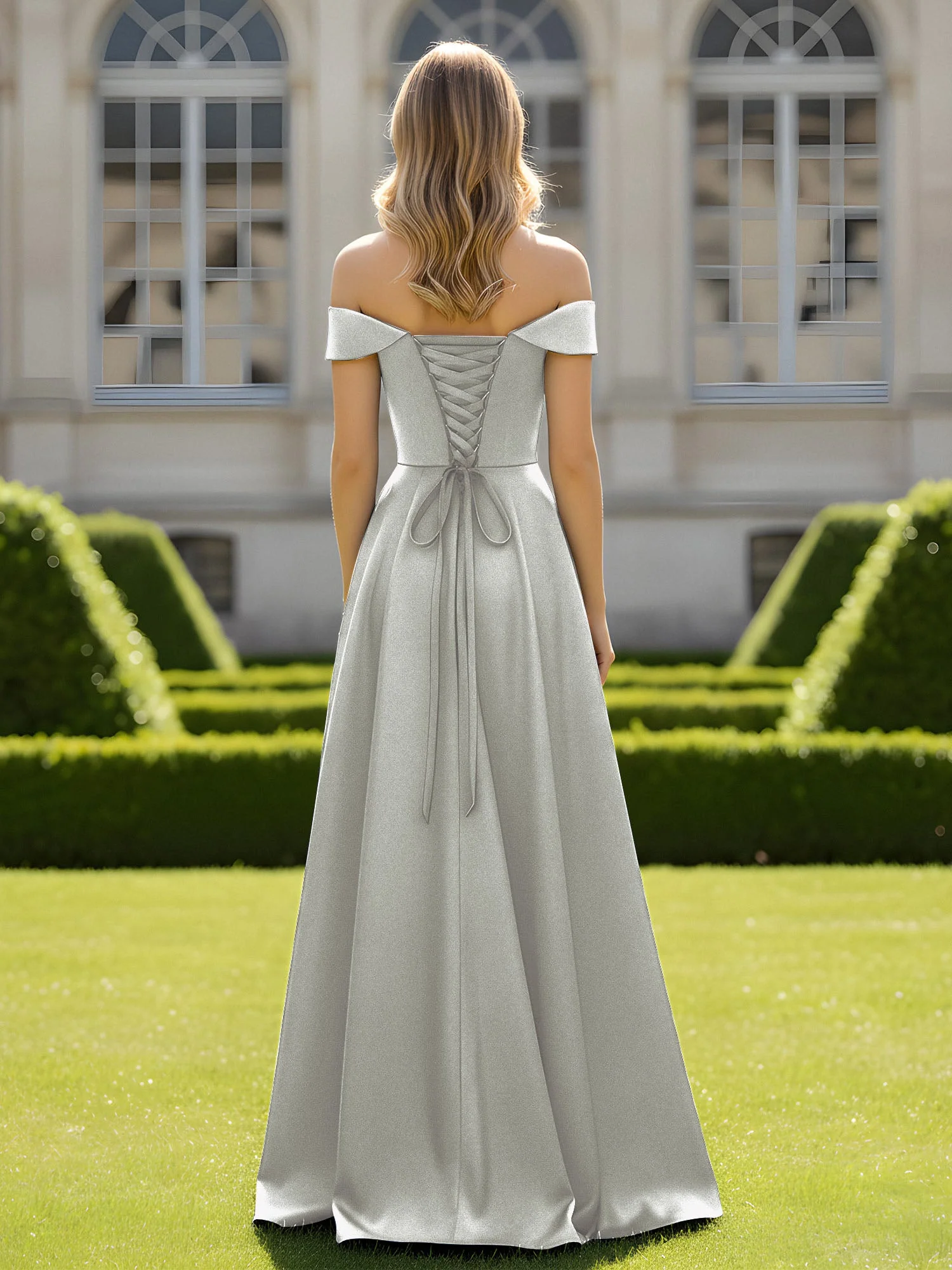 Schulterfrei A-Linie Satin Minimal Kleid Silber - Image 2