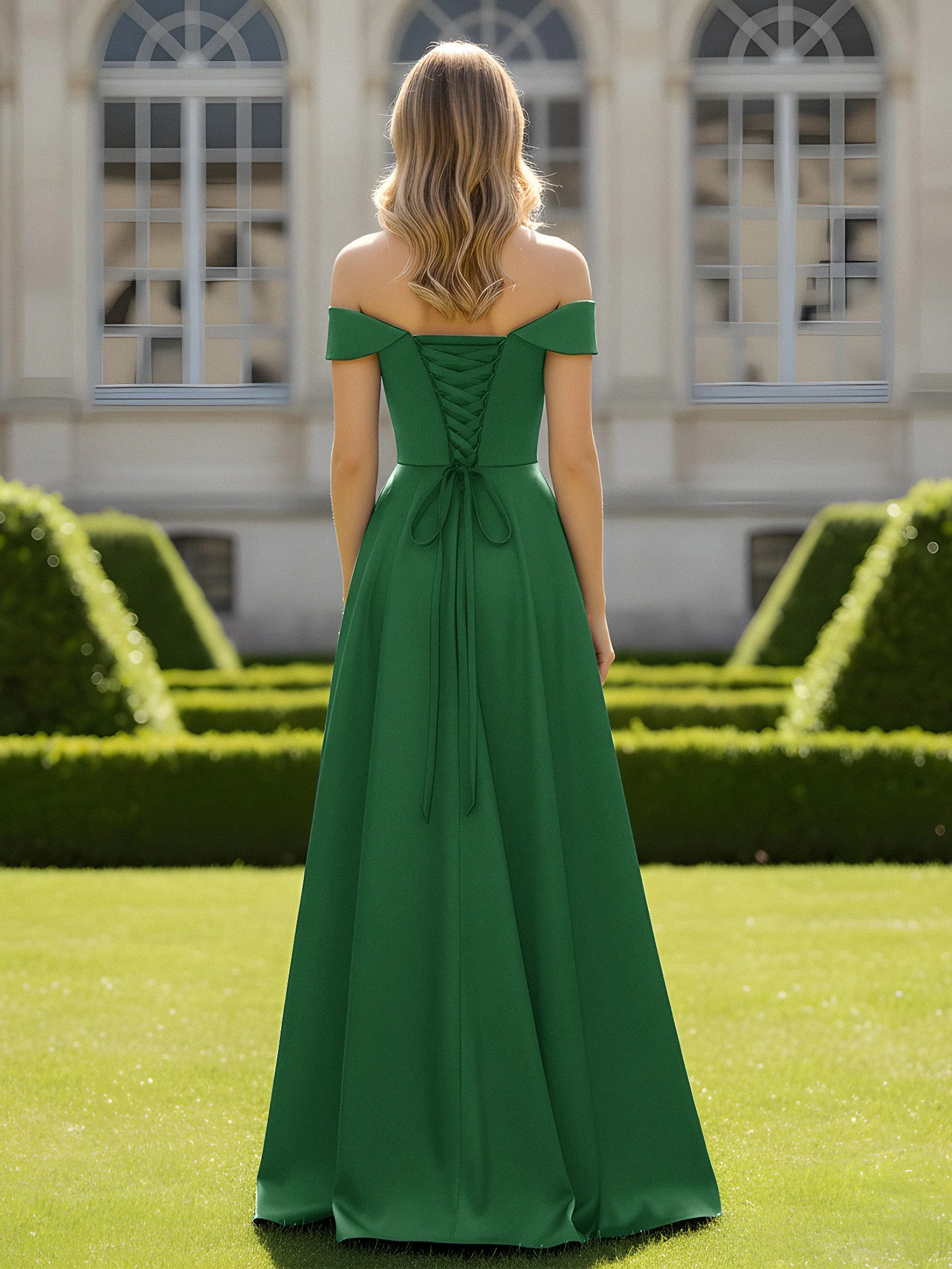 Schulterfrei A-Linie Satin Minimal Kleid Smaragd - Image 2