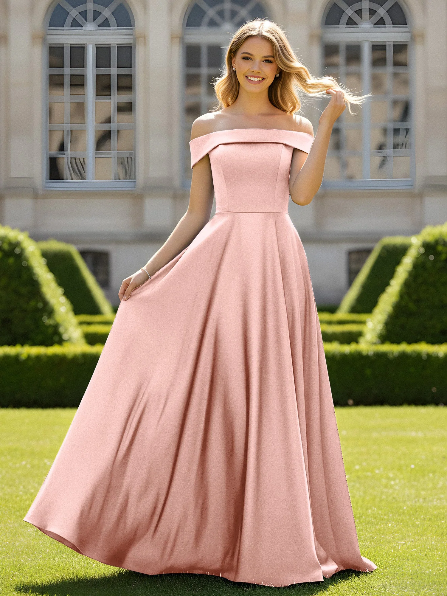 Schulterfrei A-Linie Satin Minimal Kleid Staubige Rosa